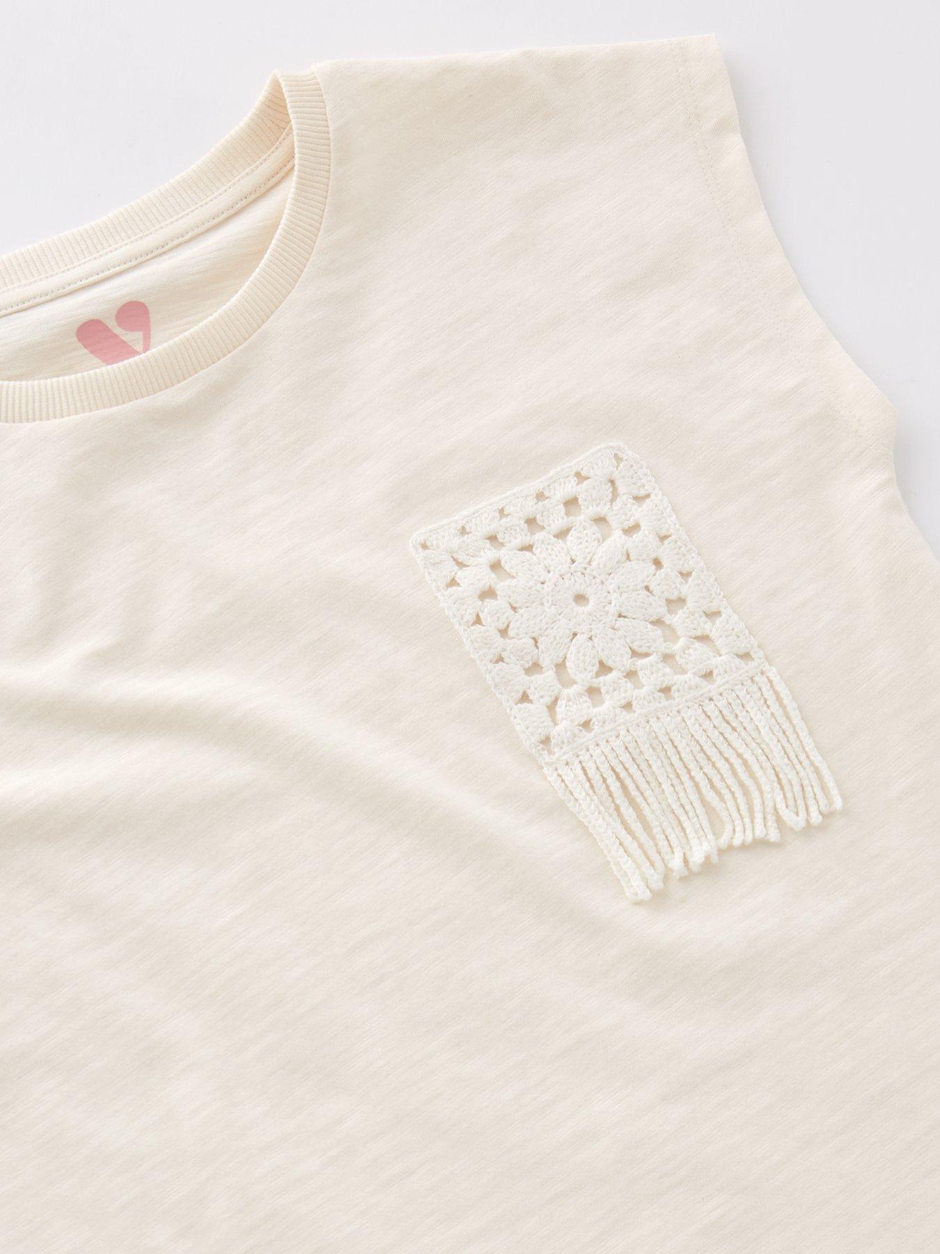 Image 3 of 4 of V by Very Girls Crochet Trim Pocket T-Shirt - Cream