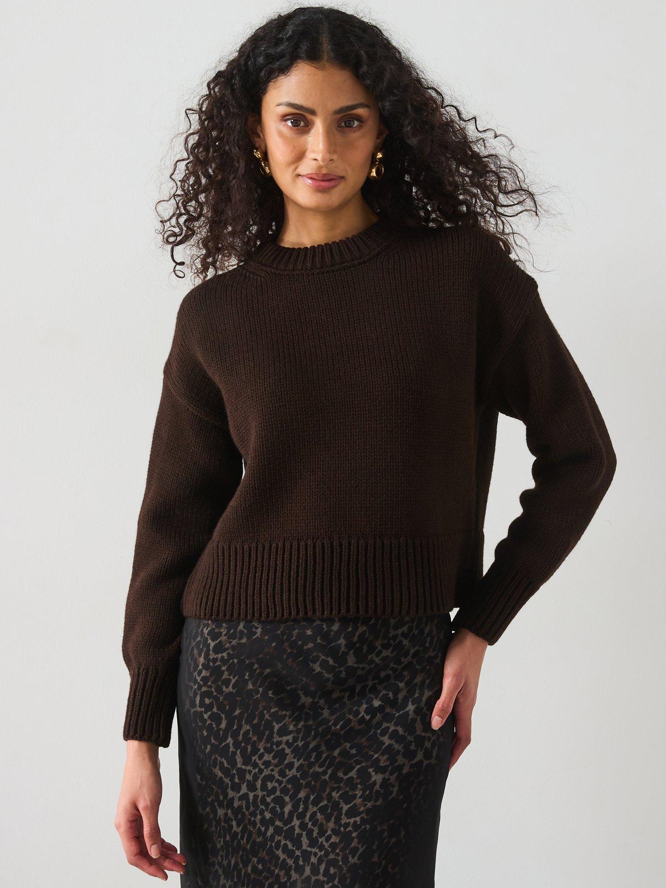 Image 1 of 6 of Mango Chunky Knit Sweater With Ribbed Trims - Brown