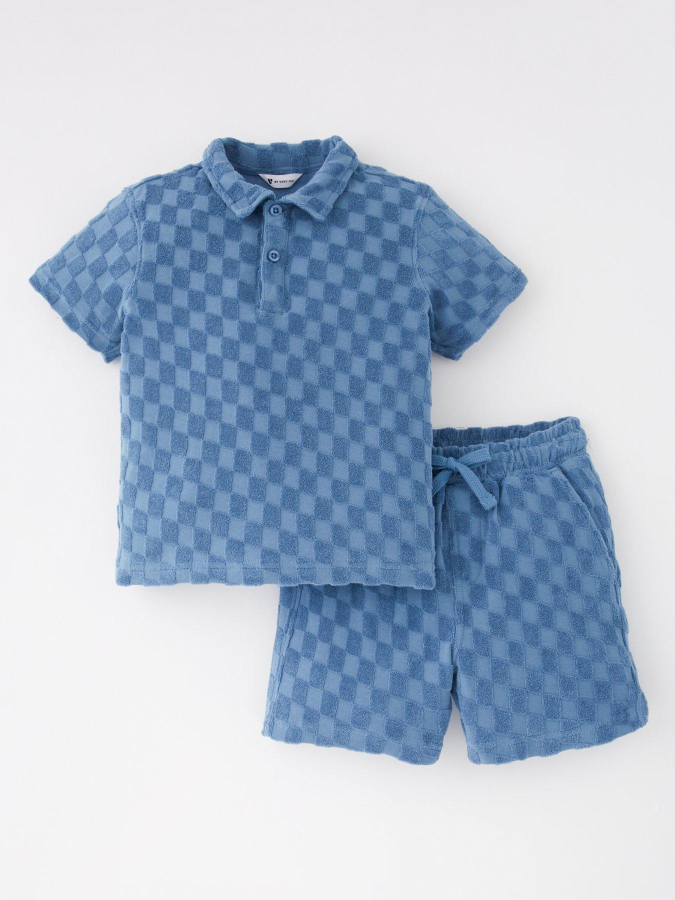 Image of Mini V by Very Boys Chequerboard Towelling Polo And Short Set - Blue