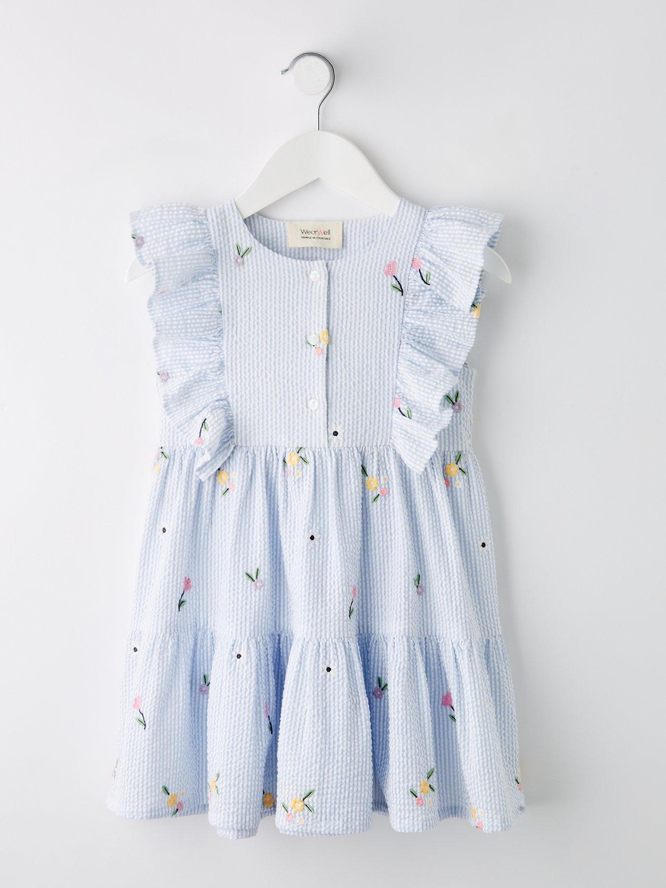 undefined Girls And White Stripe Embroidered Dress With Frill Shoulders - Blue