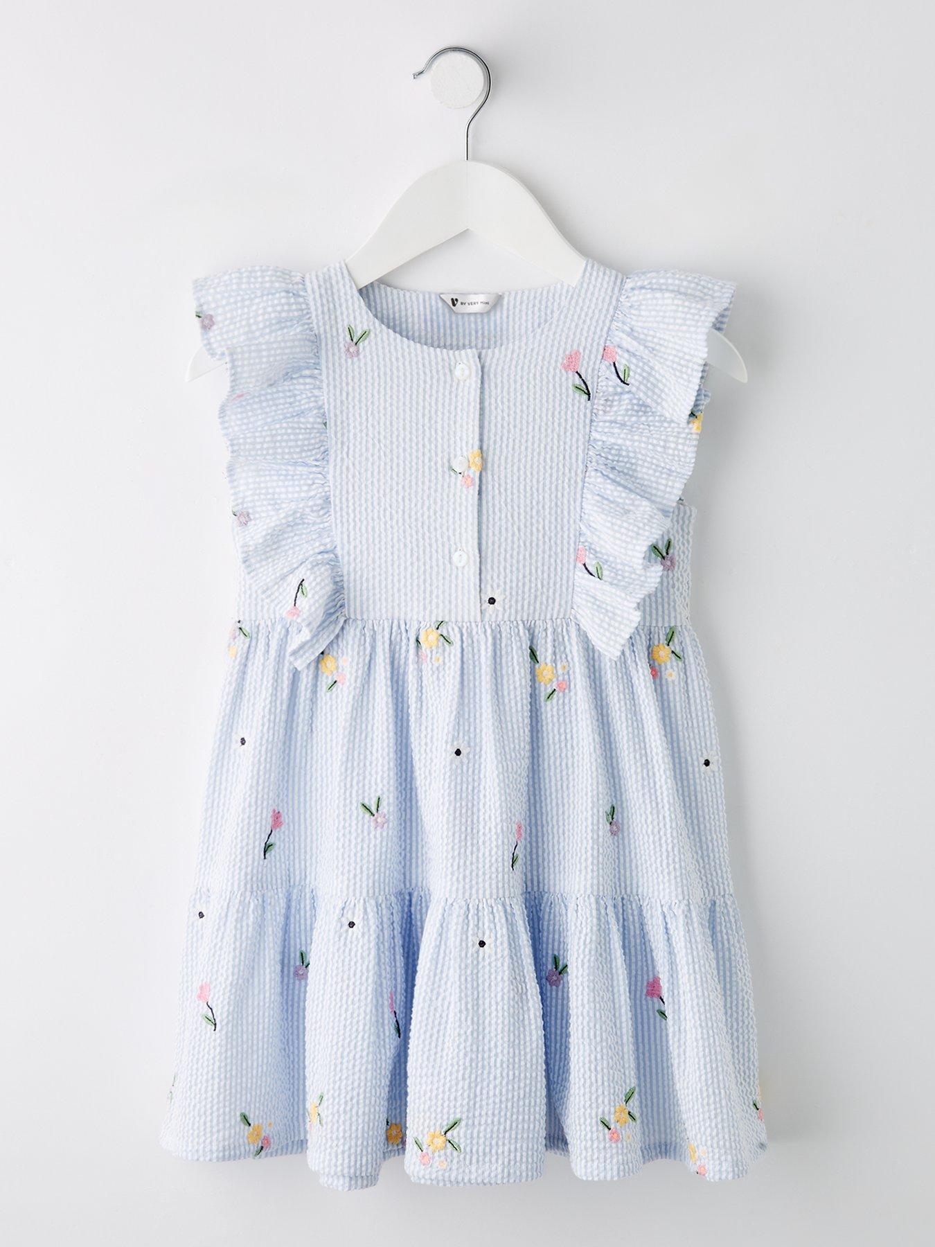 Mini V by Very Girls And White Stripe Embroidered Dress With Frill Shoulders - Blue