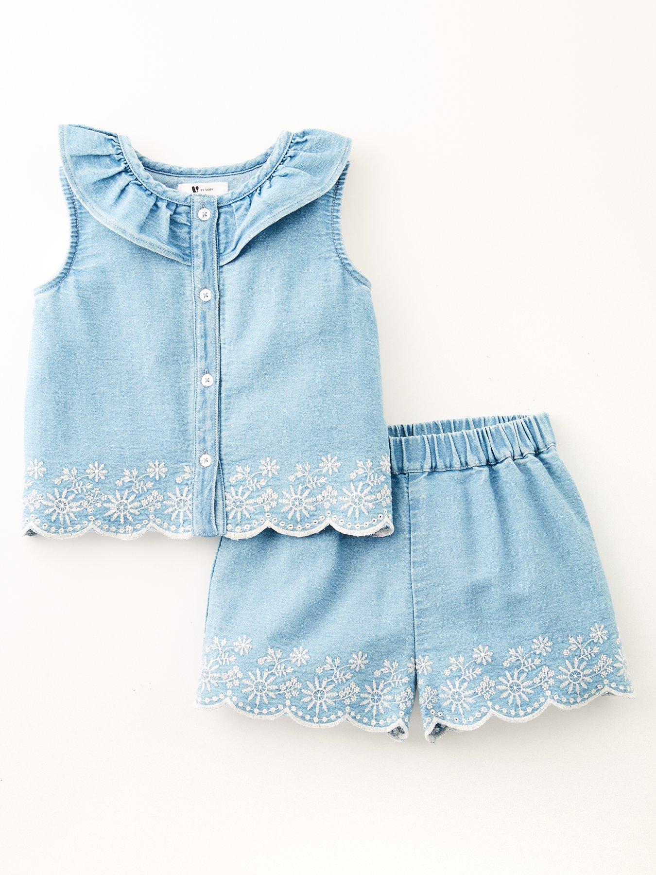 undefined Girls Denim Frill Collar And Short Scallop Edge Set - Blue