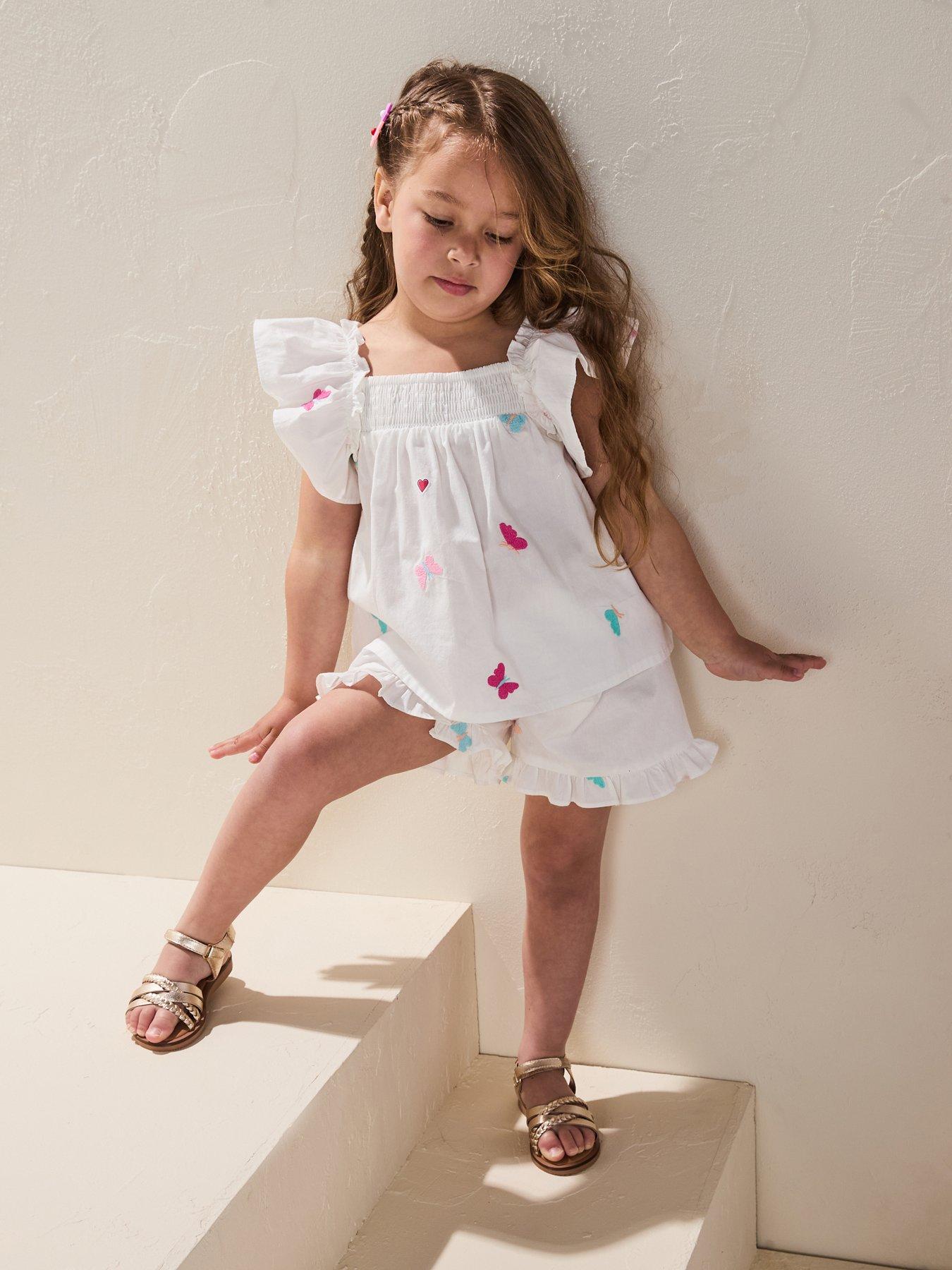 undefined Girls Butterfly Embroidered Frill Sleeve Top And Short Set