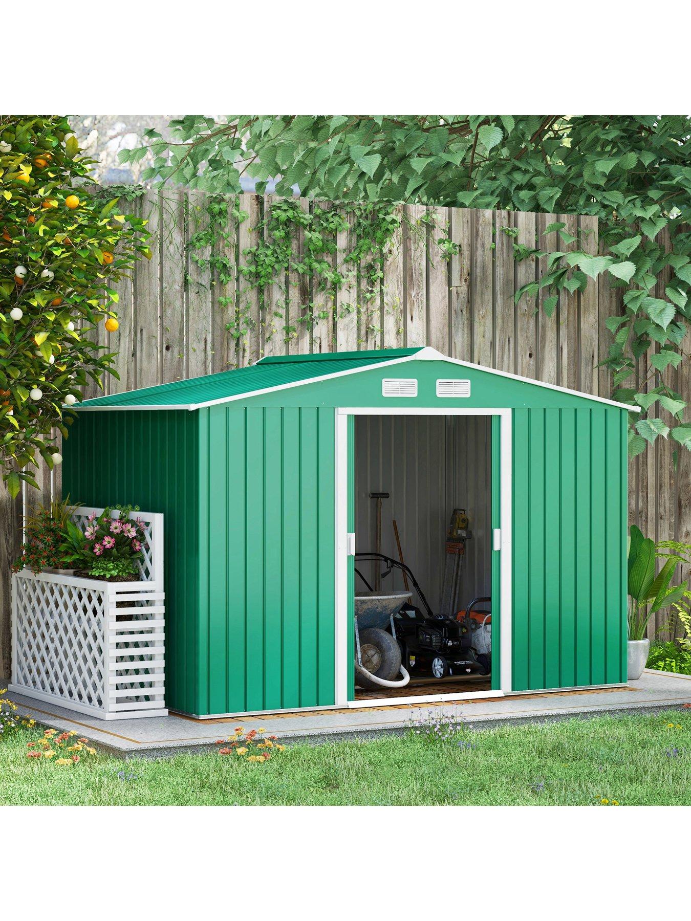 outsunny-9-x-6ft-garden-shed-storage-with-sliding-doors-metal-tool-house-greenback