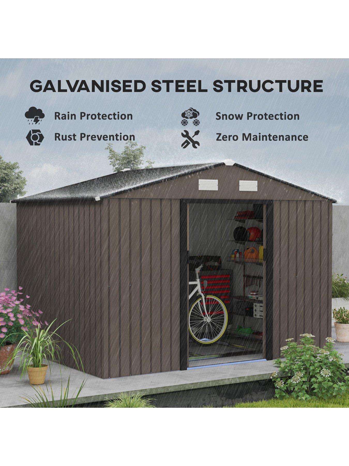 outsunny-9-x-6ft-garden-shed-storage-with-sliding-doors-metal-tool-house-browndetail