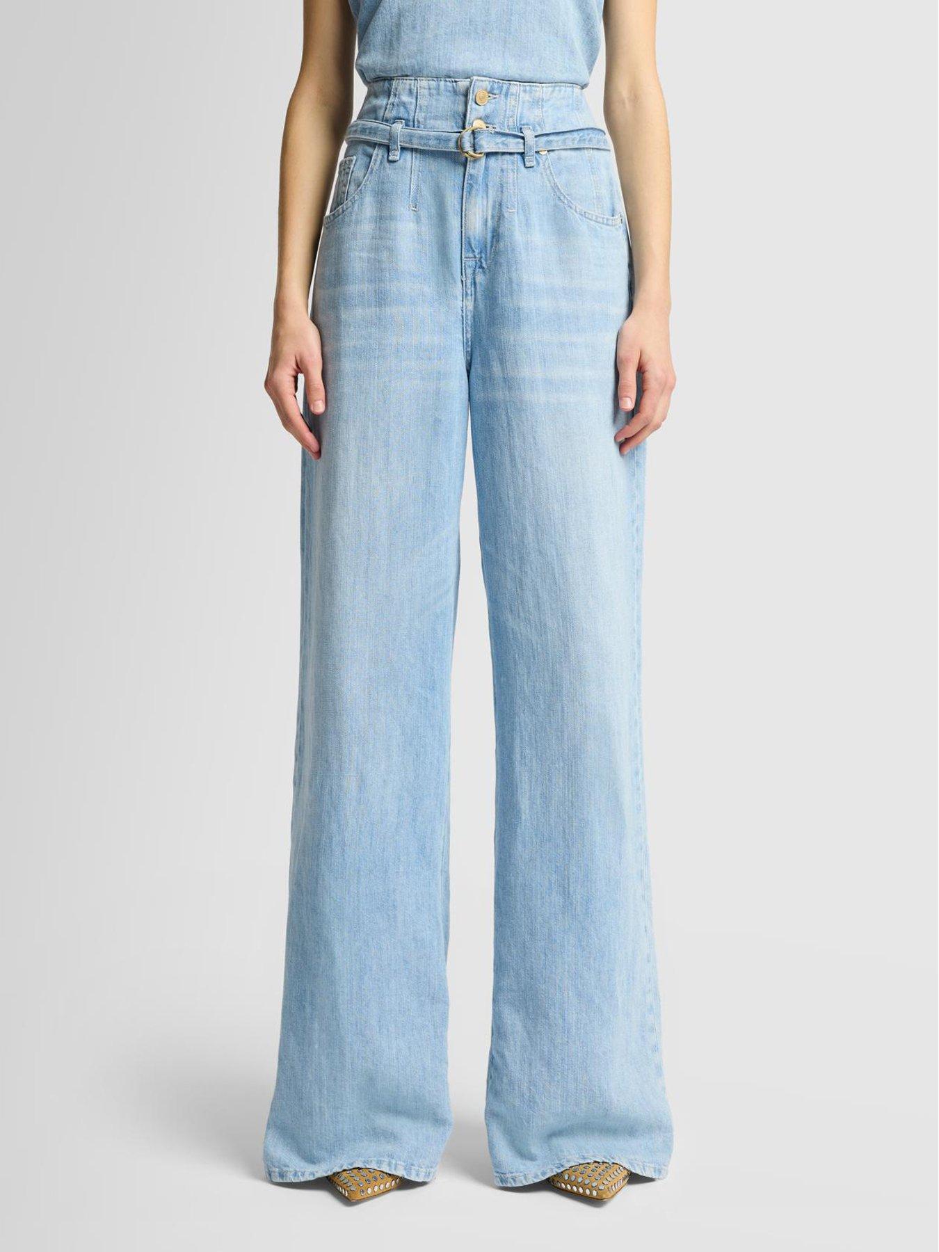 undefined Belted Wide Leg Jeans - Light Blue