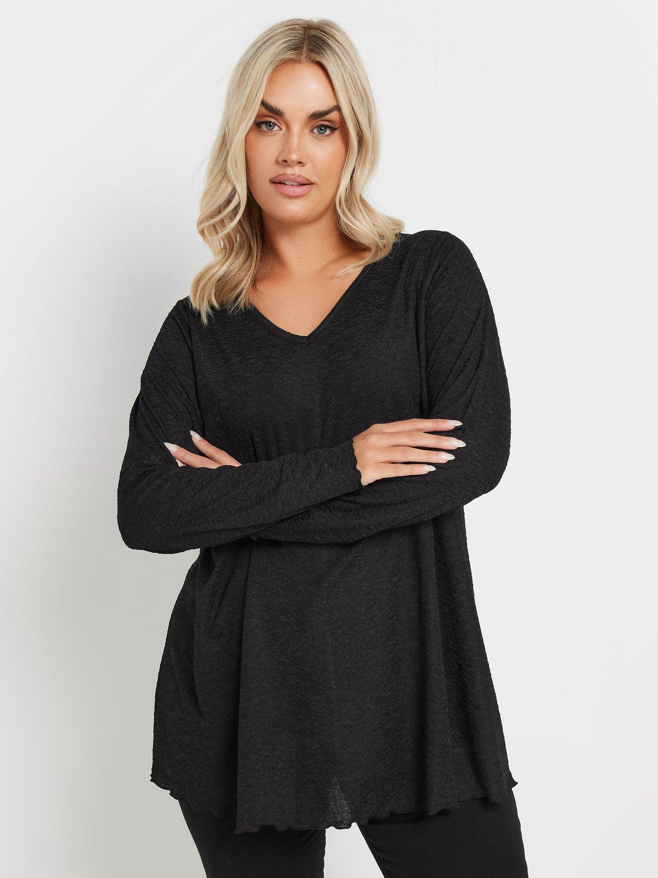 yours-curve-long-sleeve-textured-v-neck-top-blackfront