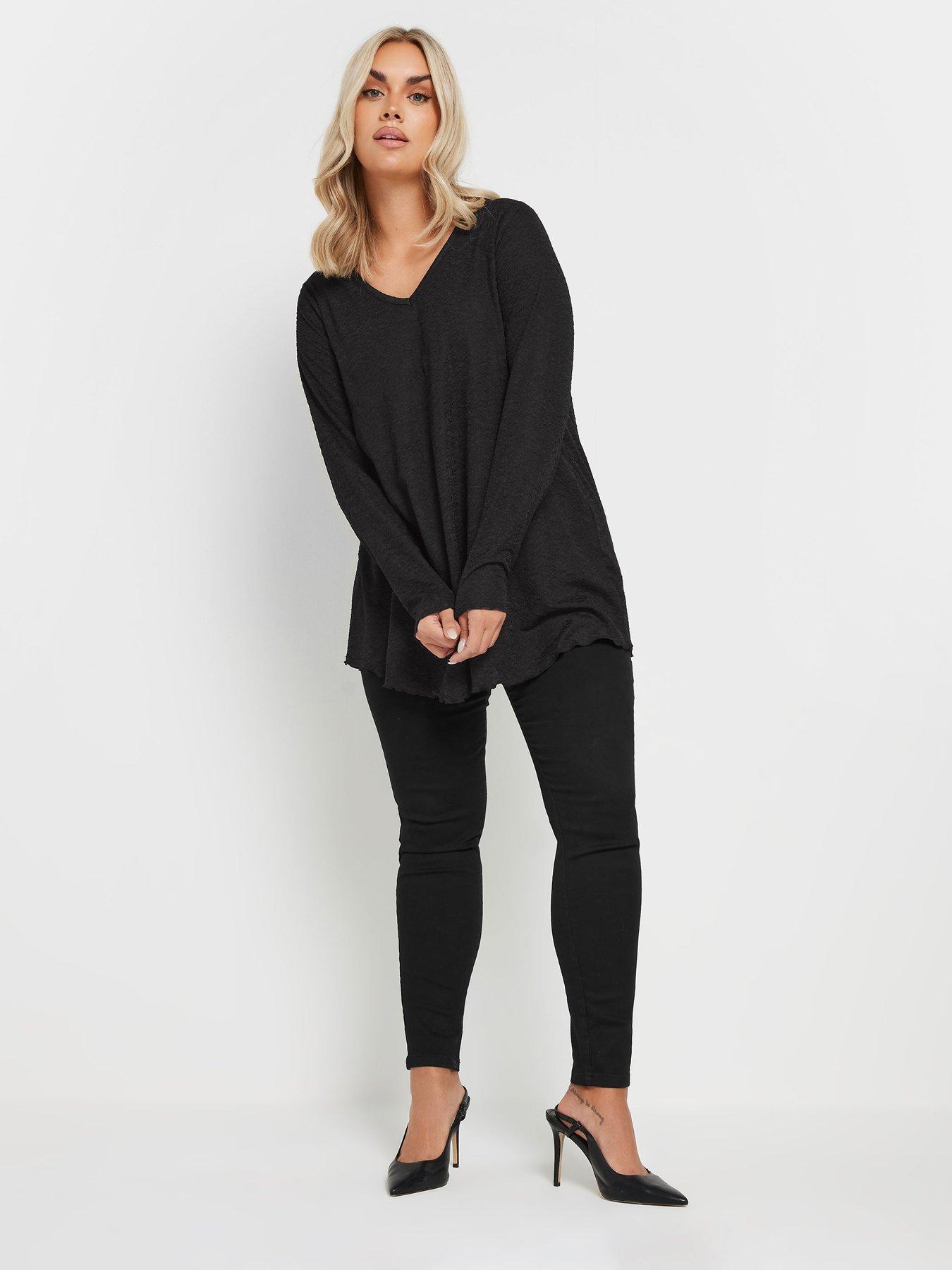 yours-curve-long-sleeve-textured-v-neck-top-blackback