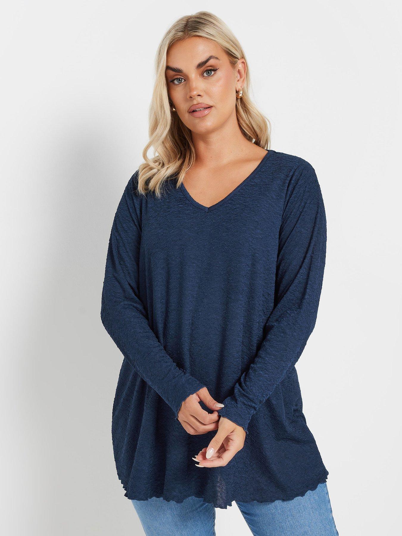 yours-curve-long-sleeve-textured-v-neck-top-blue