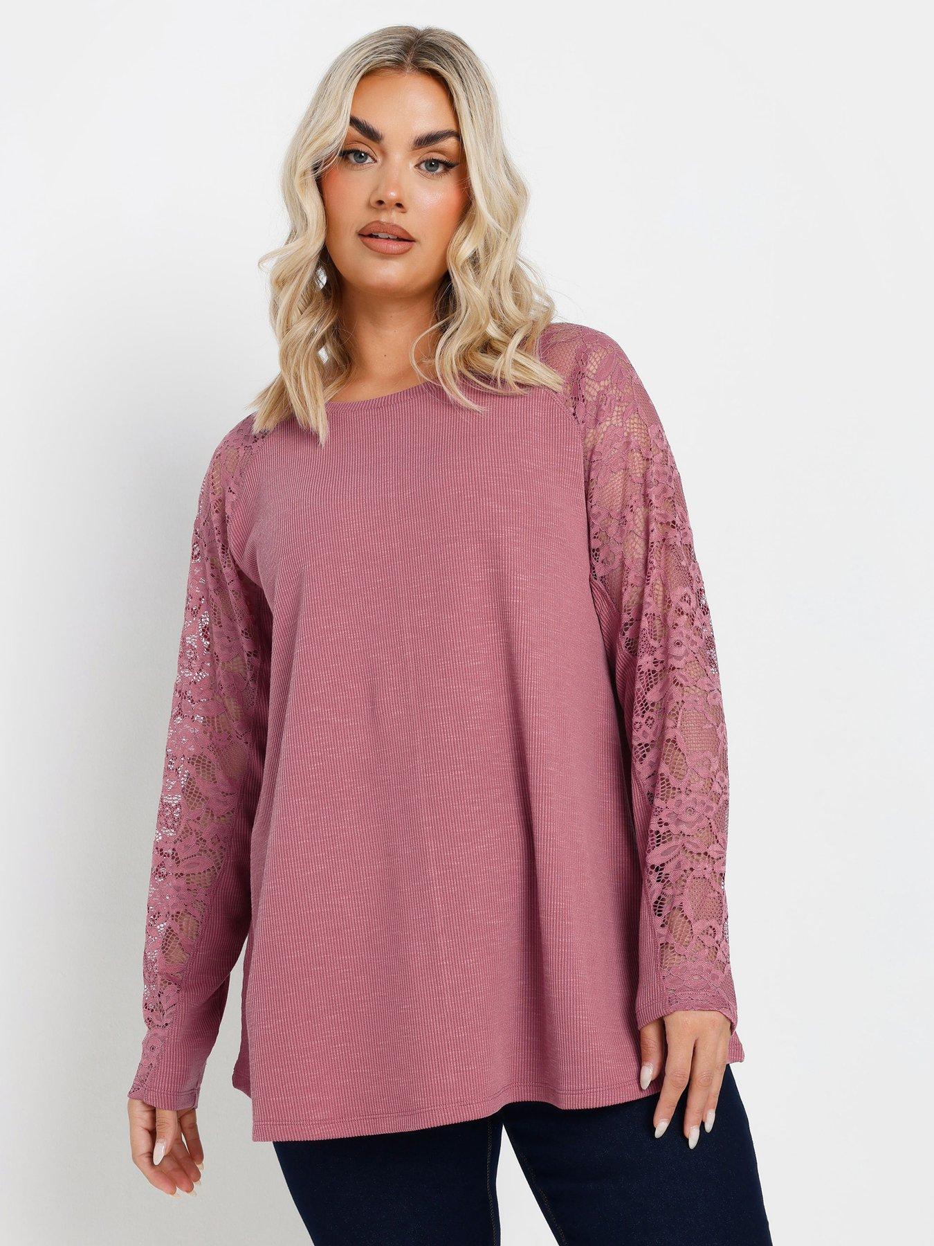 Yours Curve Raglan Lace A-Line T-Shirt - Pink