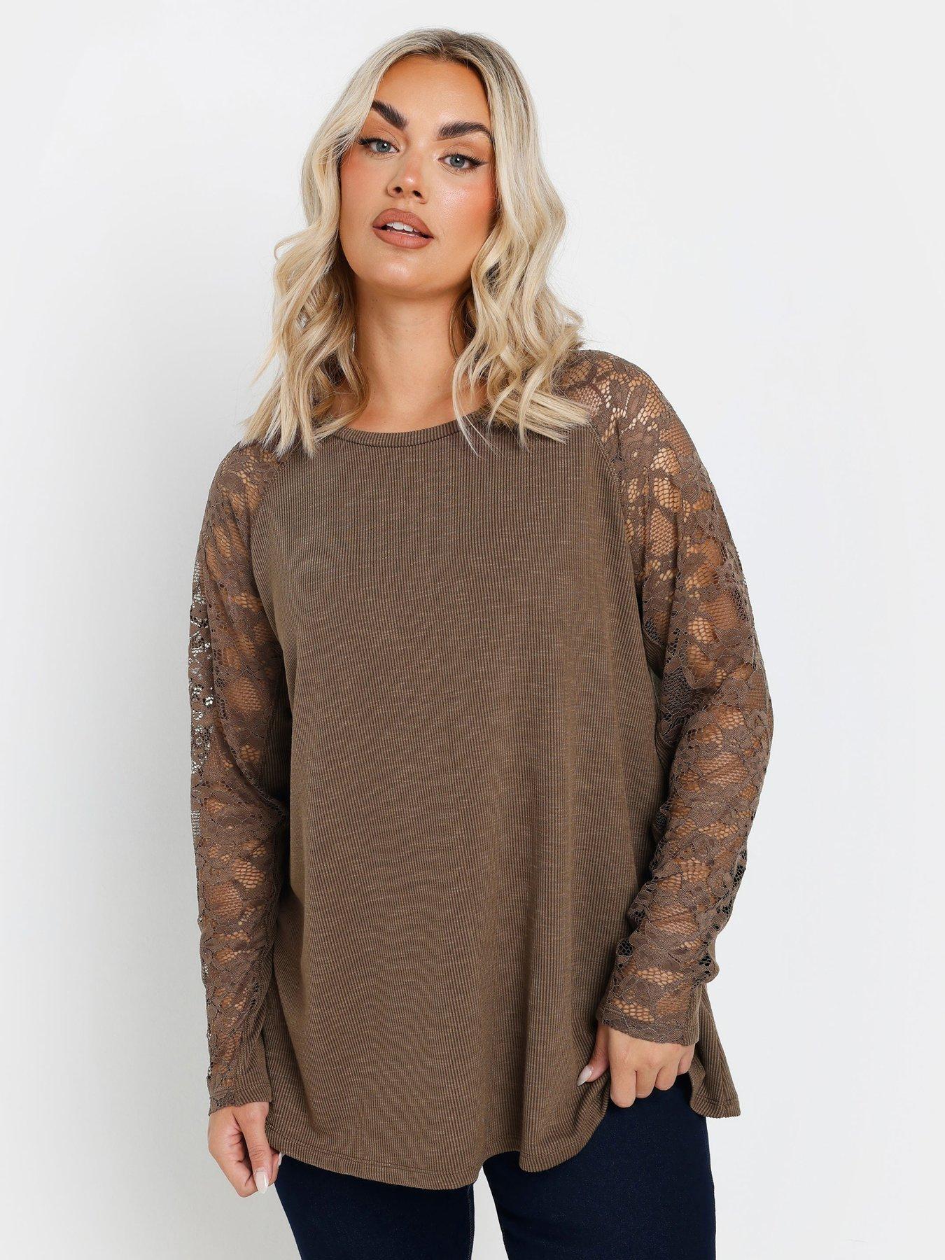 Yours Curve Raglan Lace A-Line T-Shirt - Brown