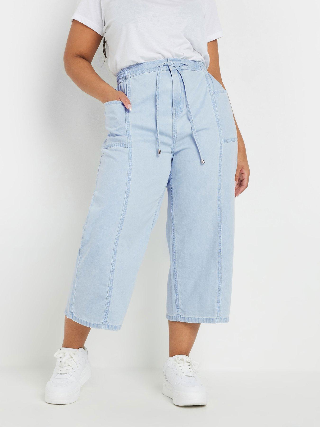 Image 1 of 4 of Yours Curve Tie Waist Cropped Trouser - Blue