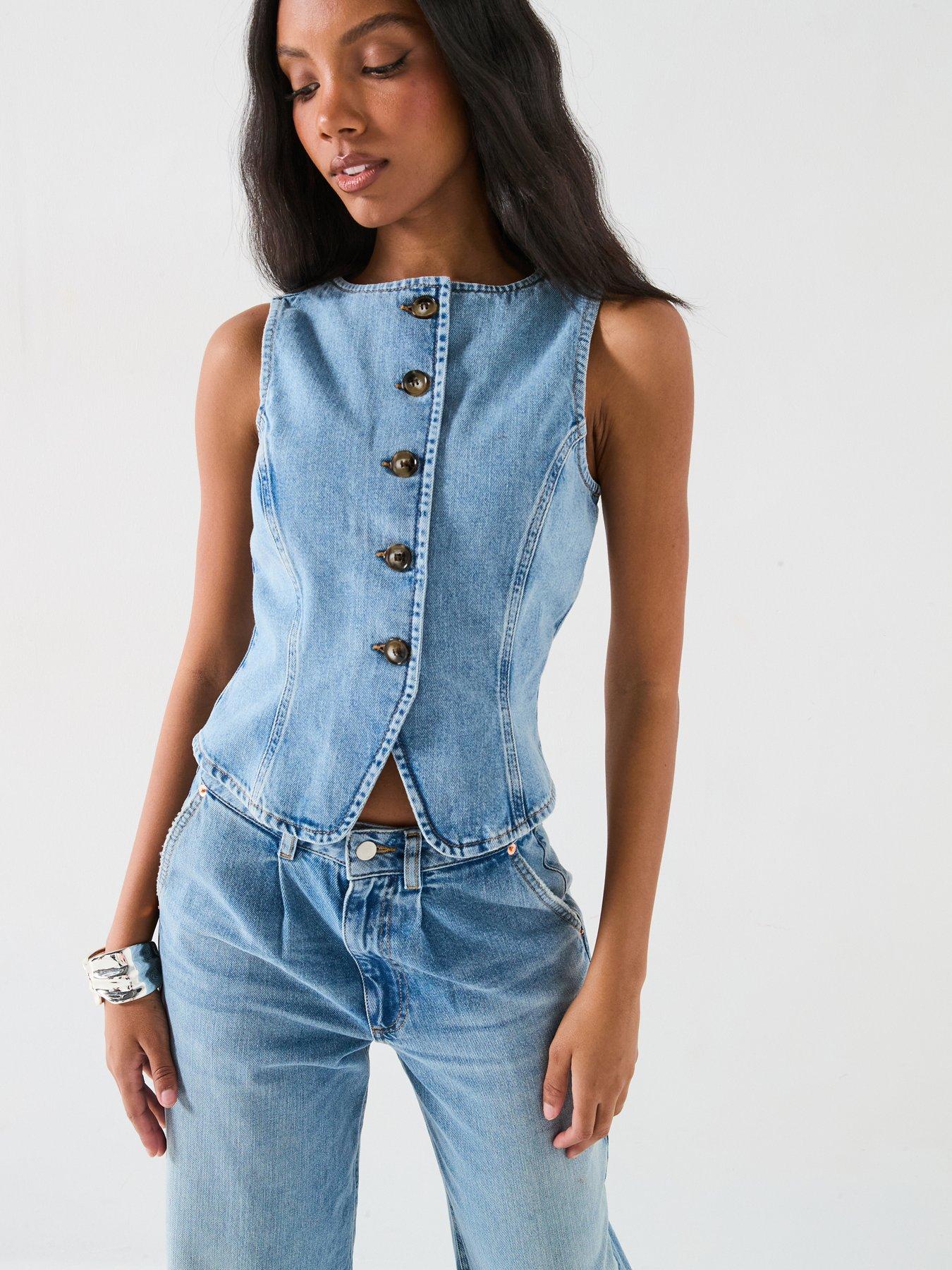 V by Very Denim Co-Ord Asymmetric Waistcoat - Mid Wash