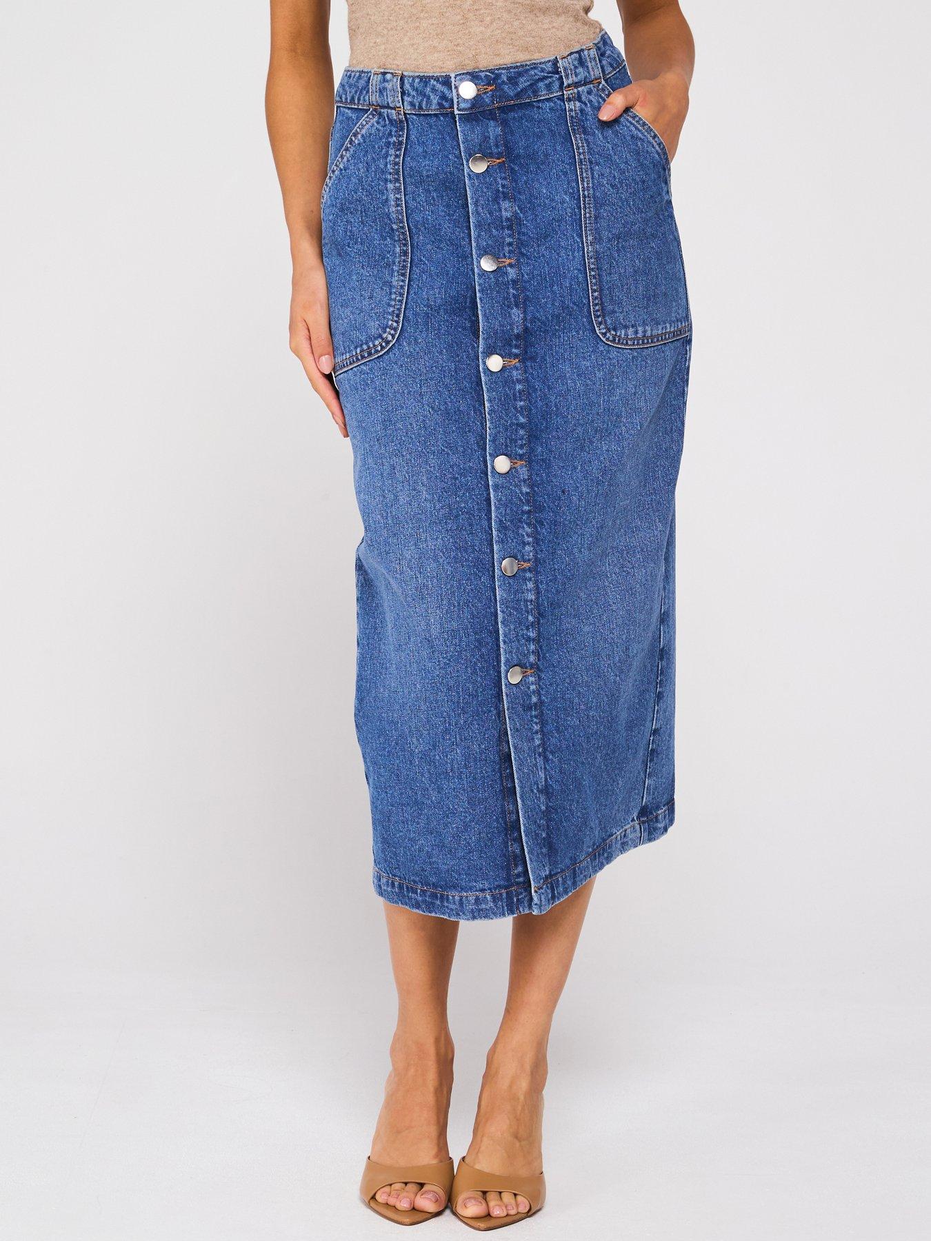 undefined Denim Button Through Skirt - Mid Wash