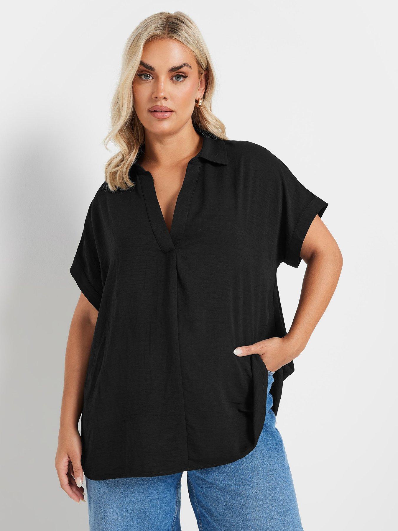 yours-curve-short-sleeve-pleat-front-blouse-black