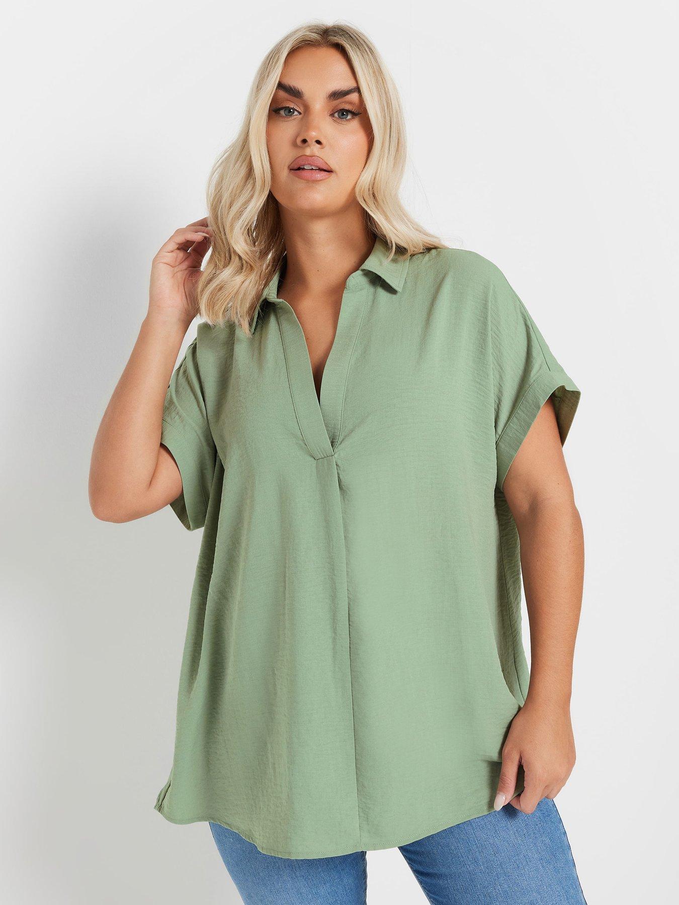 yours-curve-short-sleeve-pleat-front-blouse-green