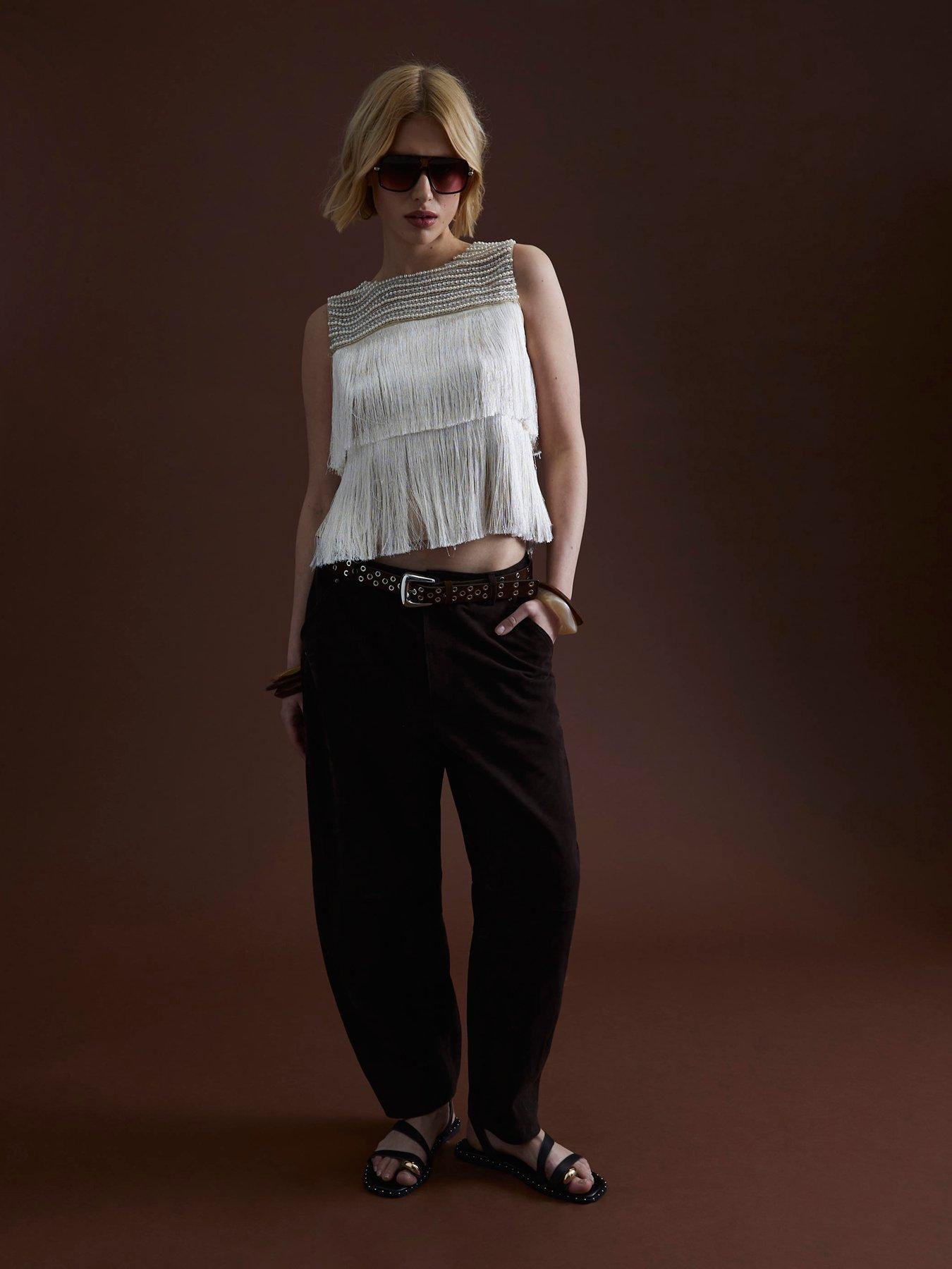 Image 1 of 6 of River Island Fringe Tassel Top - Beige
