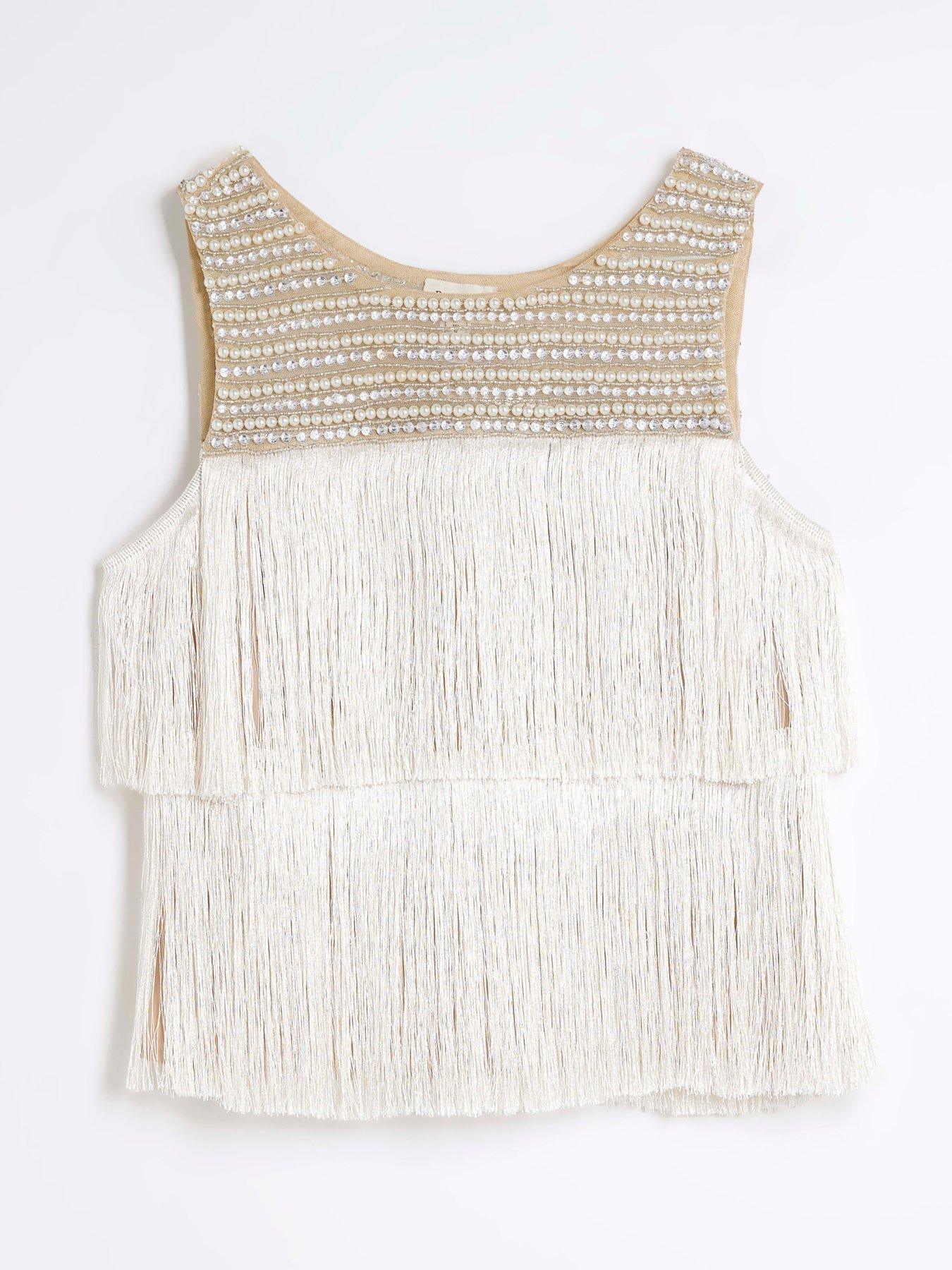 Image 2 of 6 of River Island Fringe Tassel Top - Beige