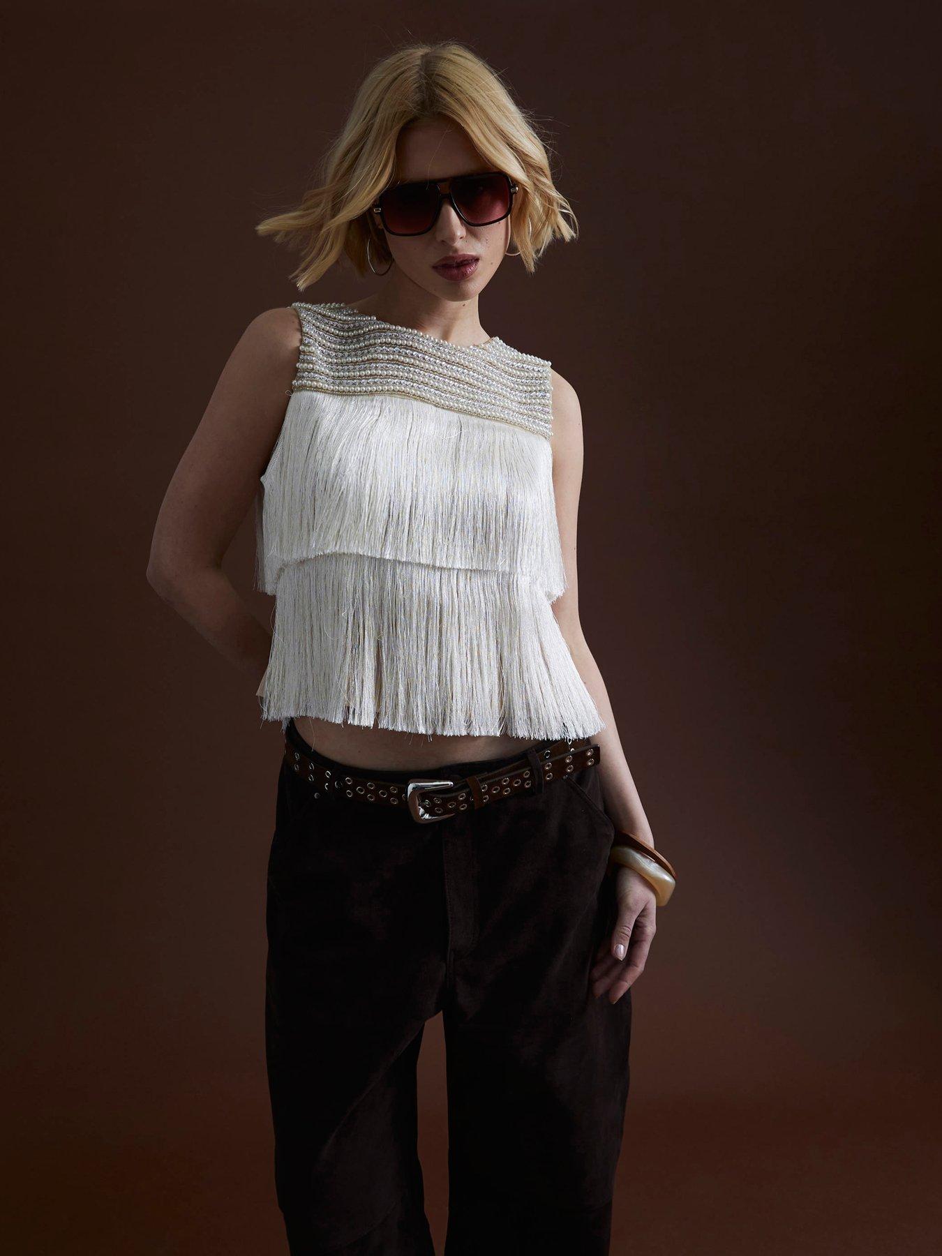 Image 3 of 6 of River Island Fringe Tassel Top - Beige