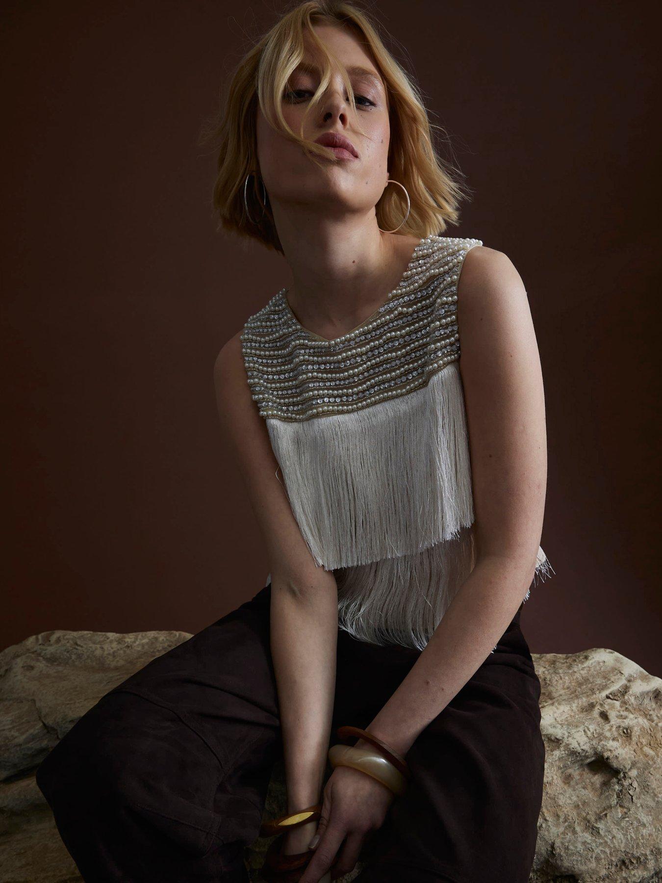 Image 4 of 6 of River Island Fringe Tassel Top - Beige