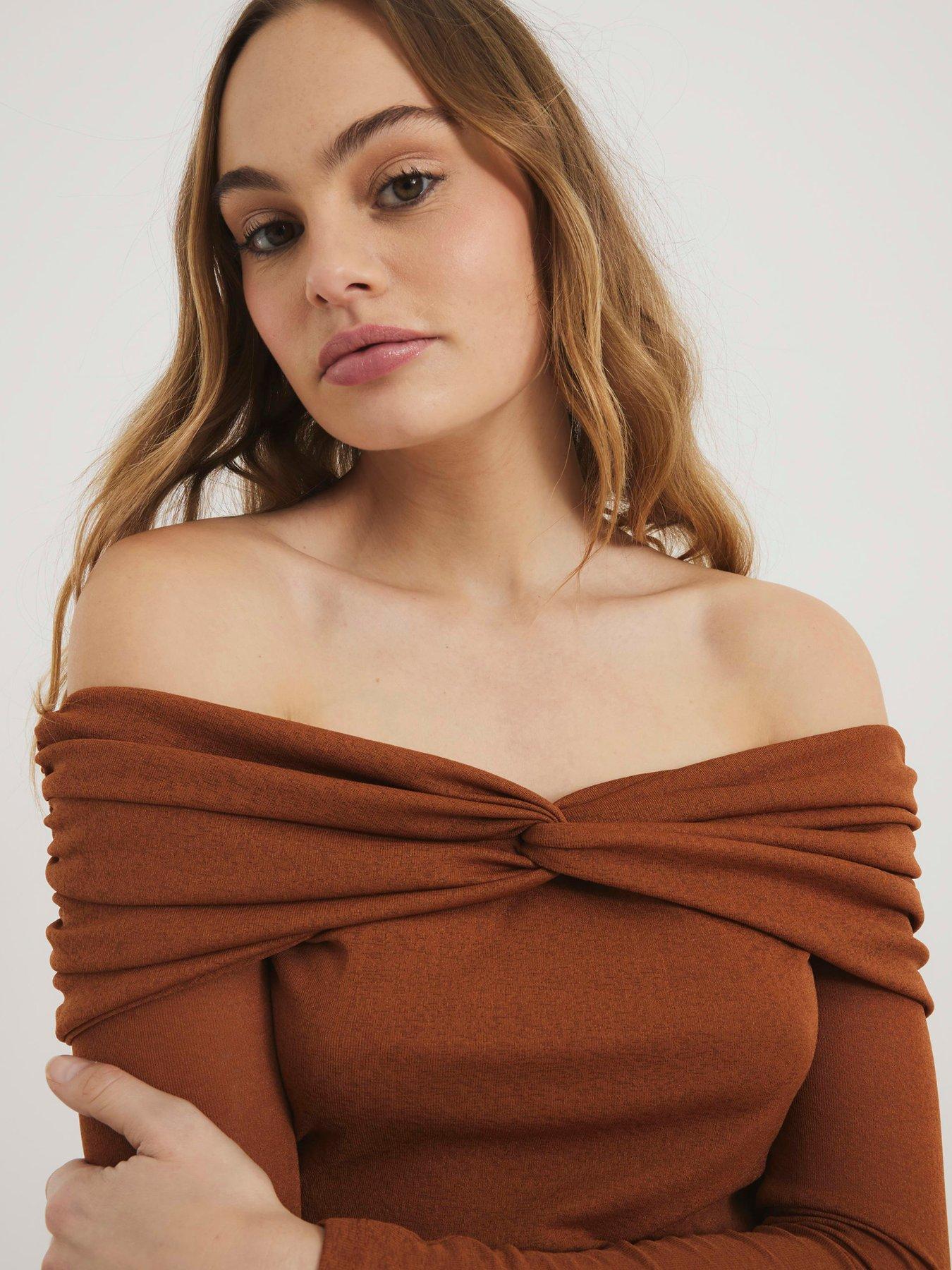 river-island-ruched-bardot-top-brownoutfit