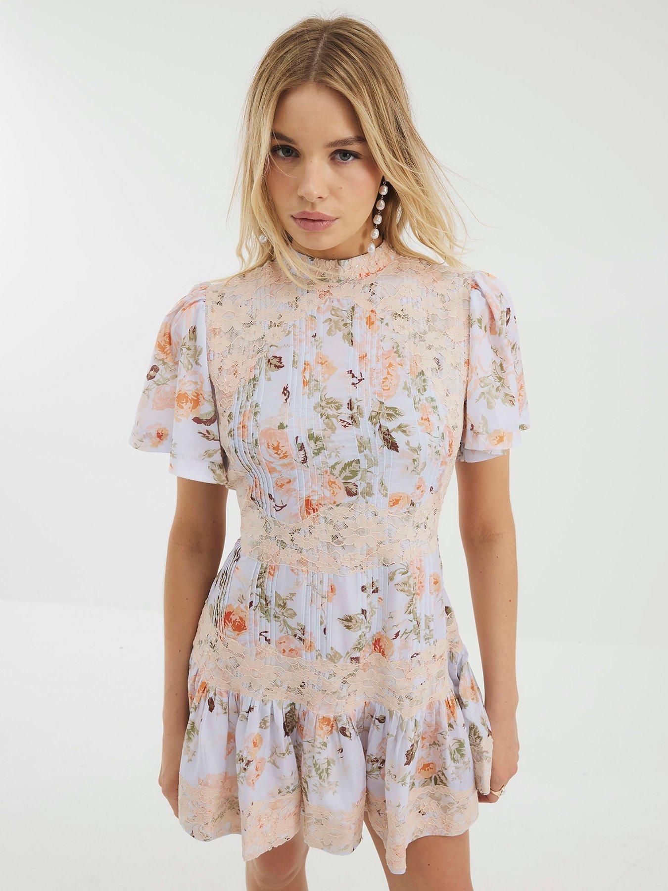 Image of River Island Floral Print Lace Mini Dress - Blue