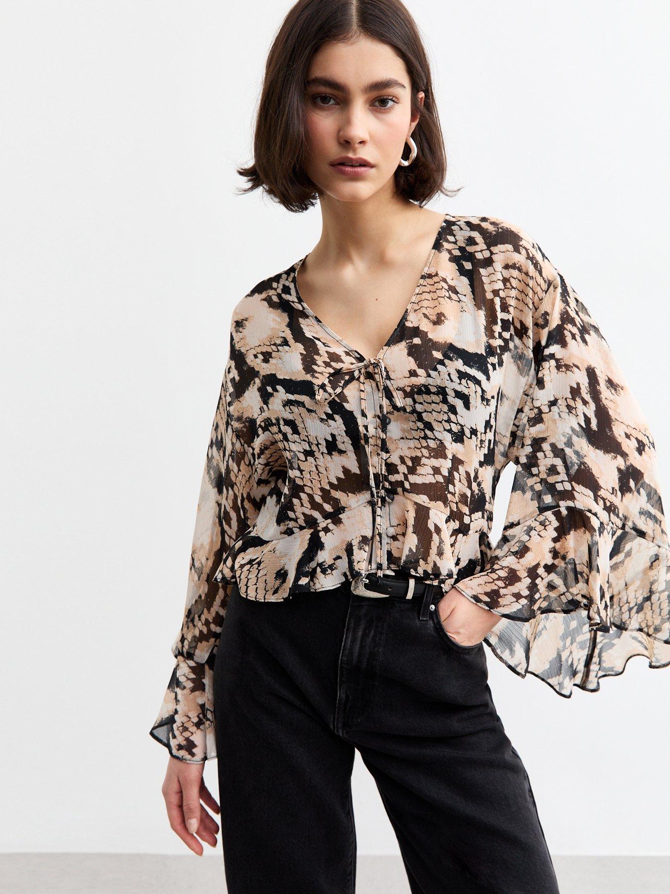 Image 1 of 4 of New Look Snake Print Flared Sleeve Chiffon Blouse - Black