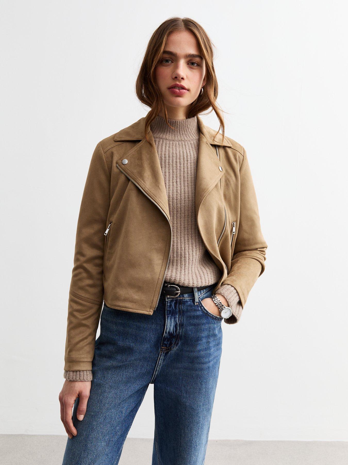 Image of New Look Tan Faux Suede Biker Jacket