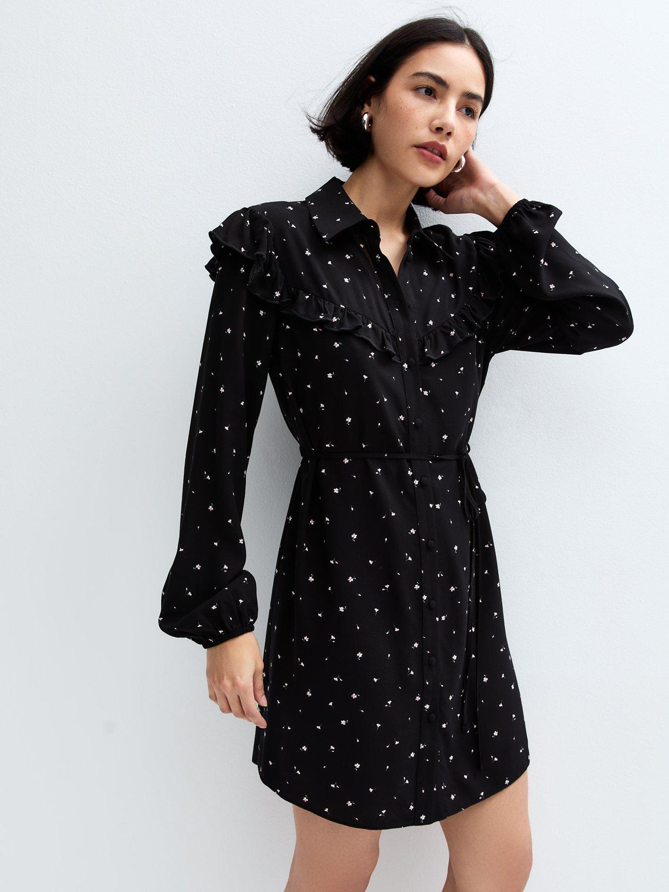 new-look-black-ditsy-floral-belted-mini-shirt-dress