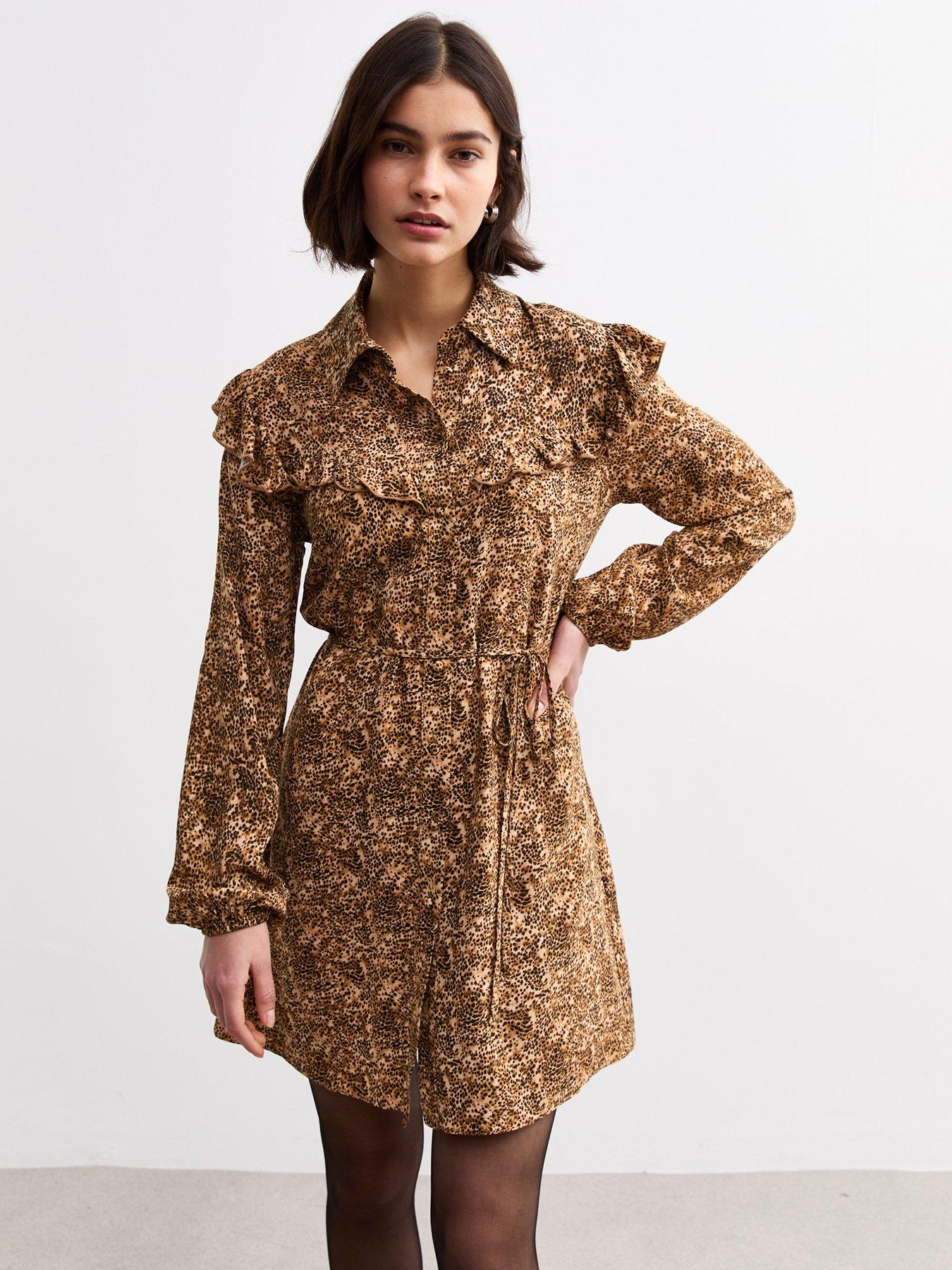 Image of New Look Printed Mini Shirt Dress - Brown