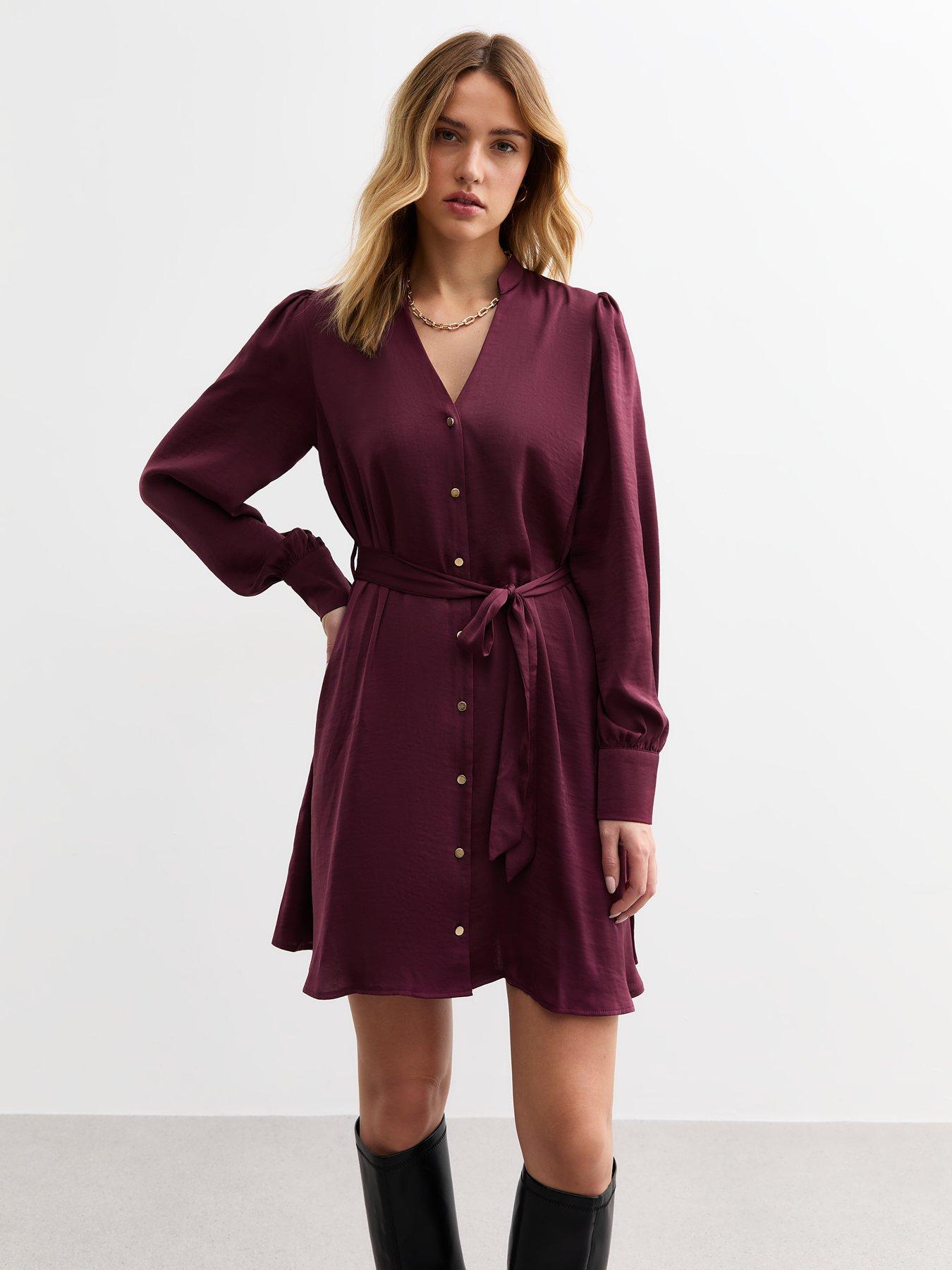 new-look-burgundy-v-neck-satin-mini-dress