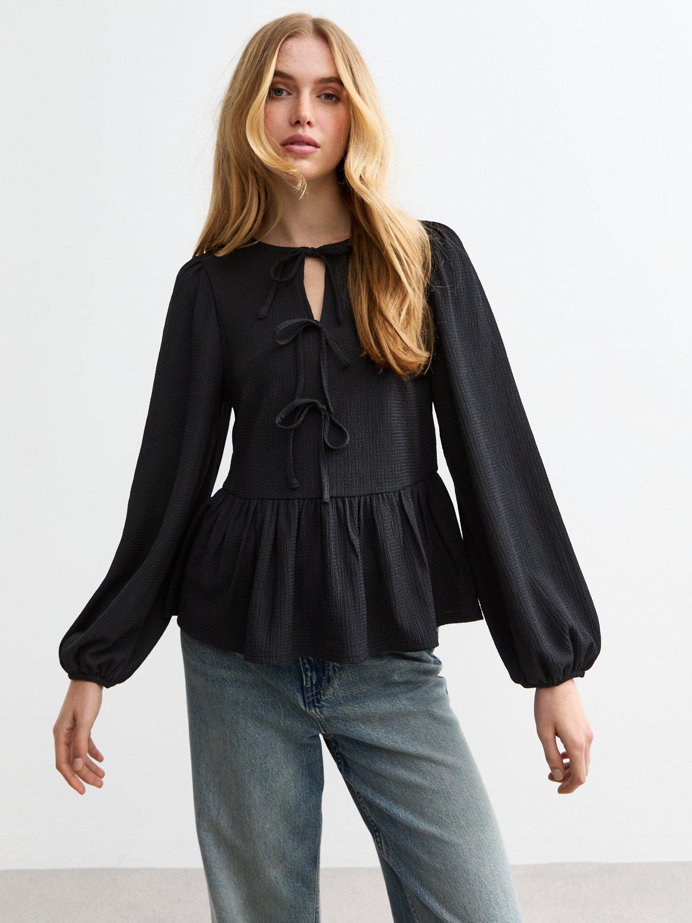 new-look-black-tie-front-crinkle-long-sleeve-top