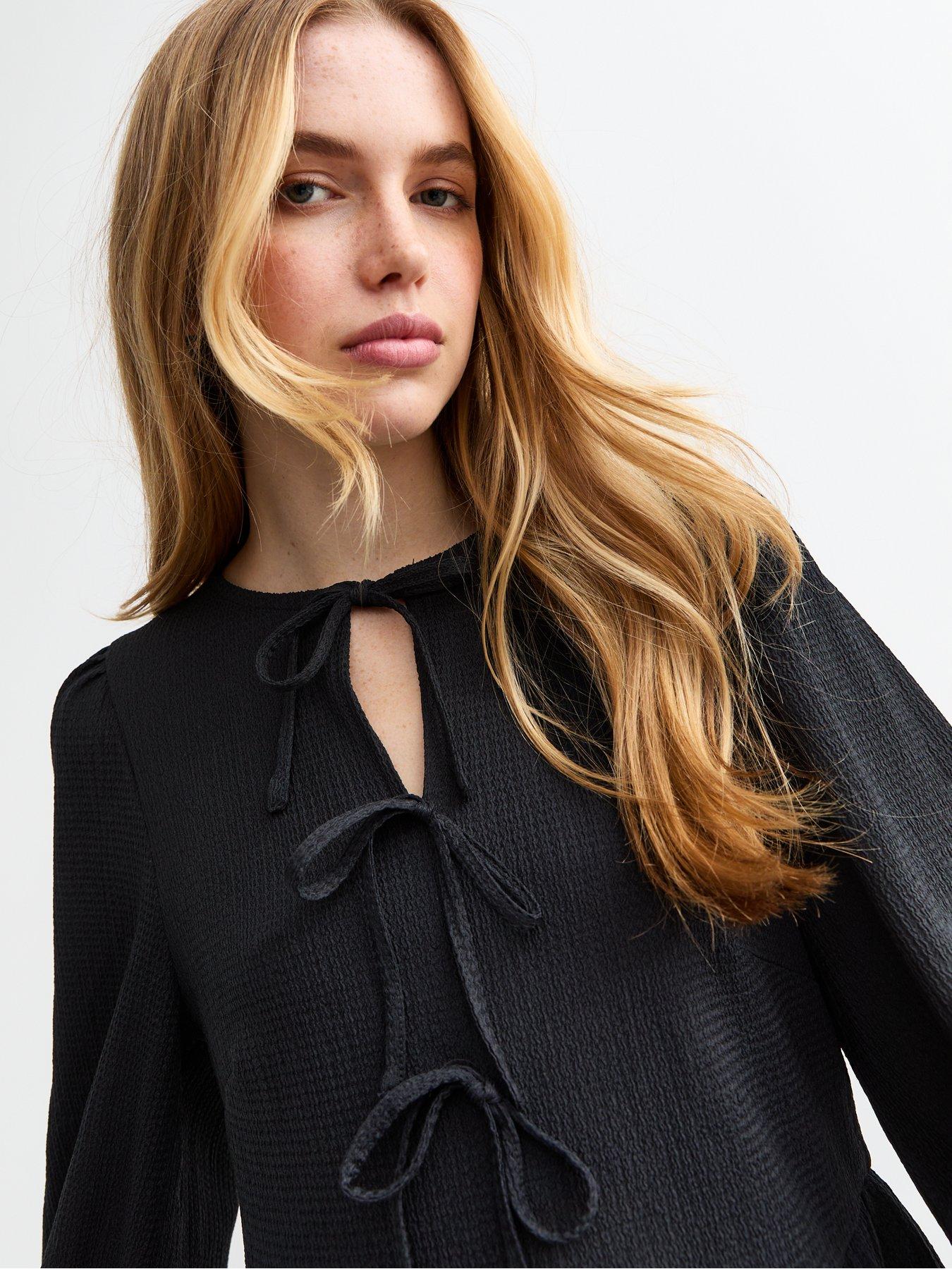 new-look-black-tie-front-crinkle-long-sleeve-topoutfit