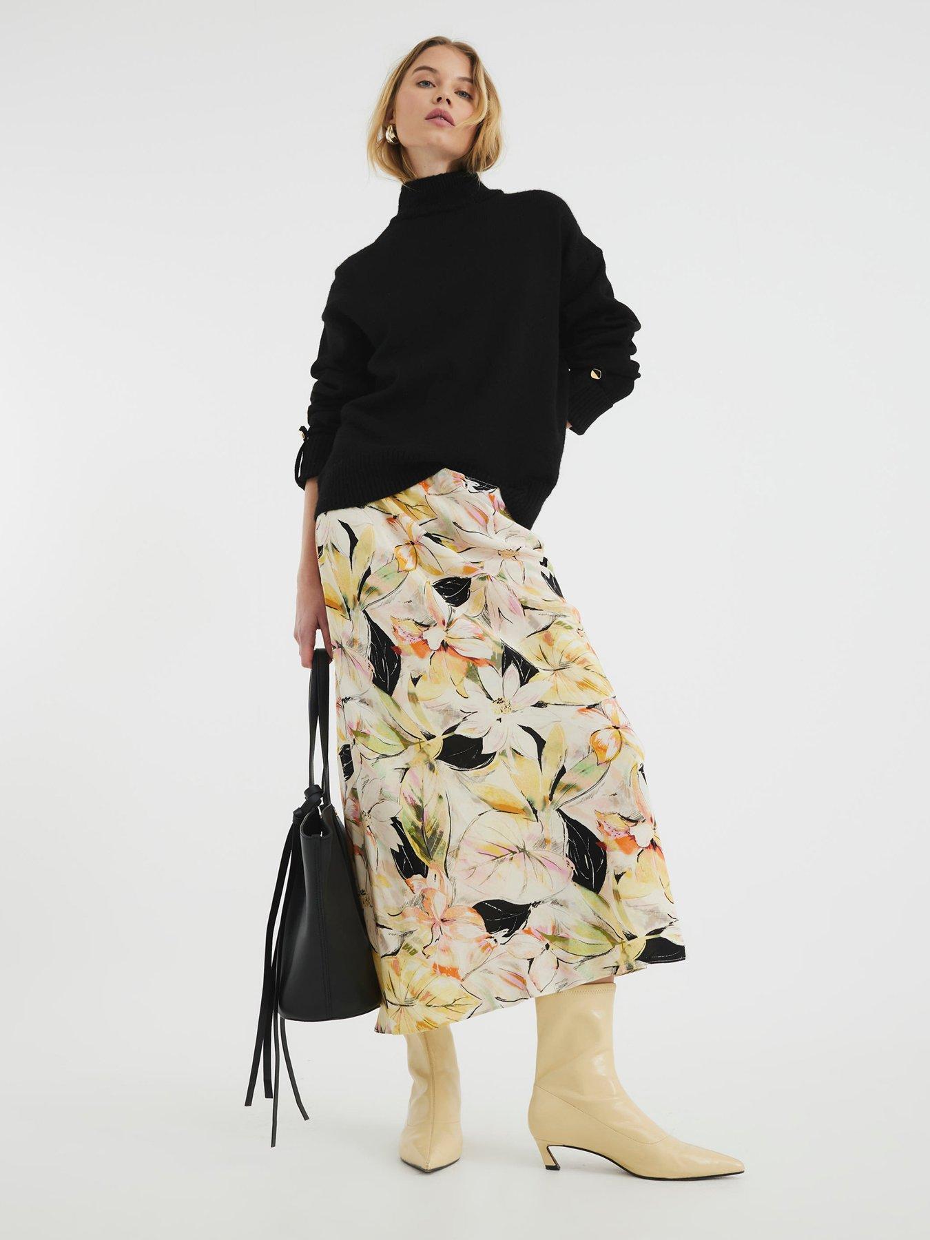 River Island Floral Bias Skirt - Yellow