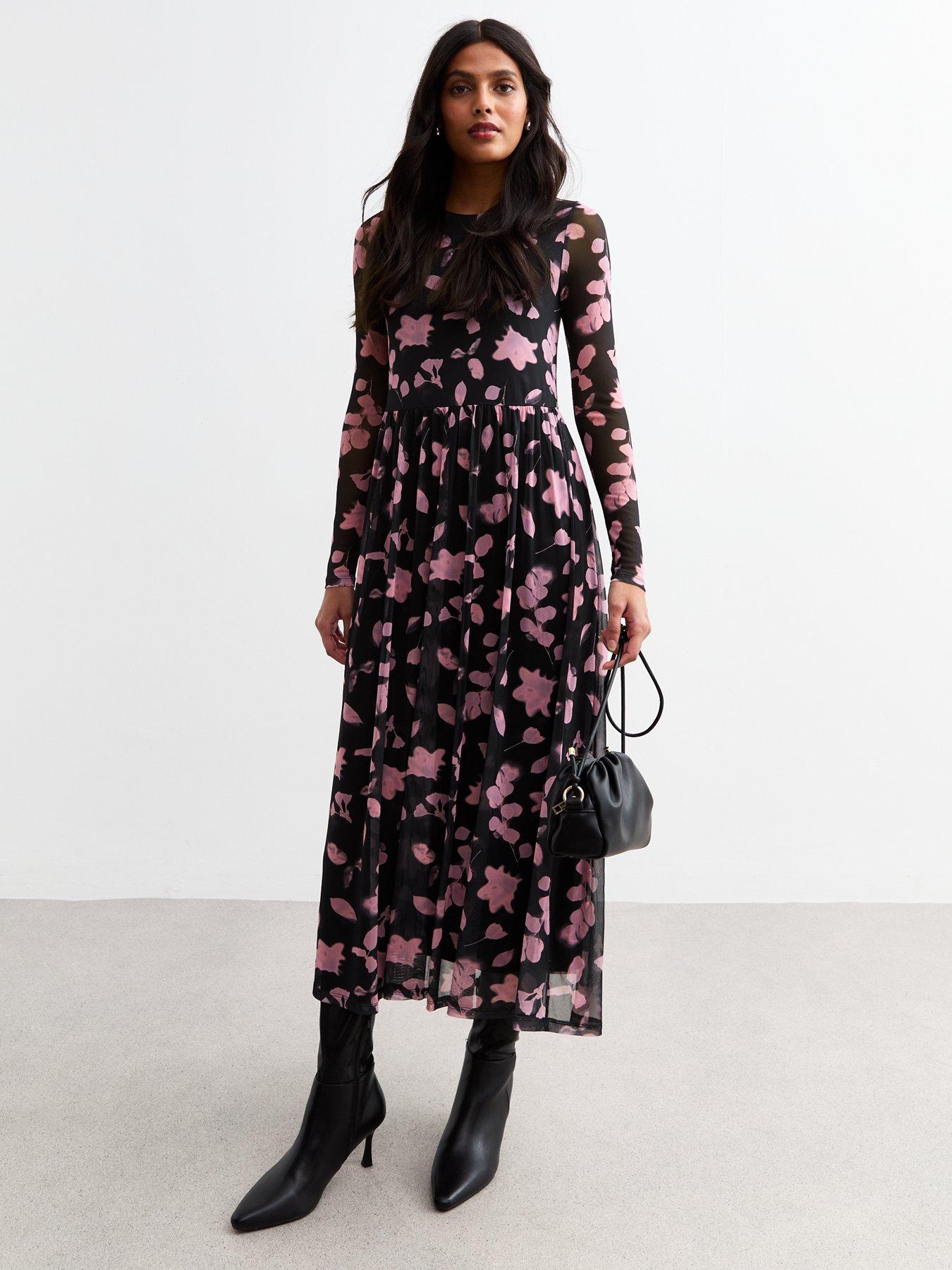 new-look-black-floral-print-long-sleeve-mesh-midi-dress