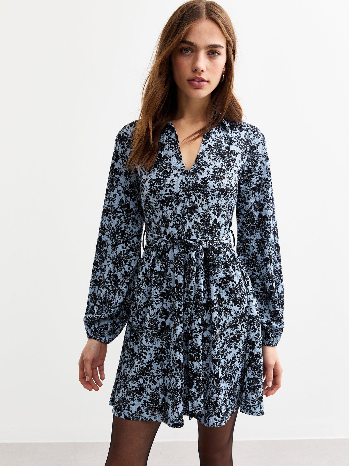 new-look-blue-floral-print-mini-shirt-dress