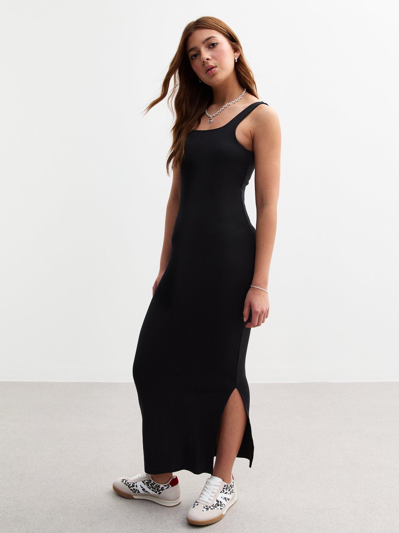 new-look-915-girls-black-square-neck-slit-hem-maxi-dress