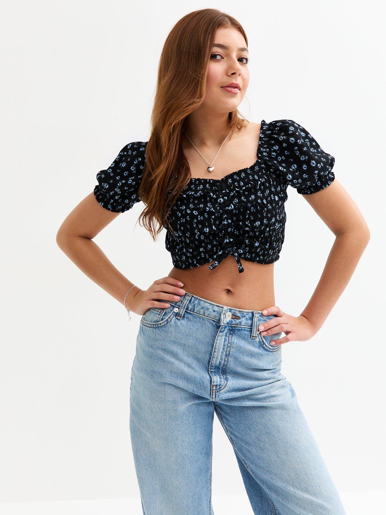 new-look-915-girls-floral-print-ruched-crop-top-black