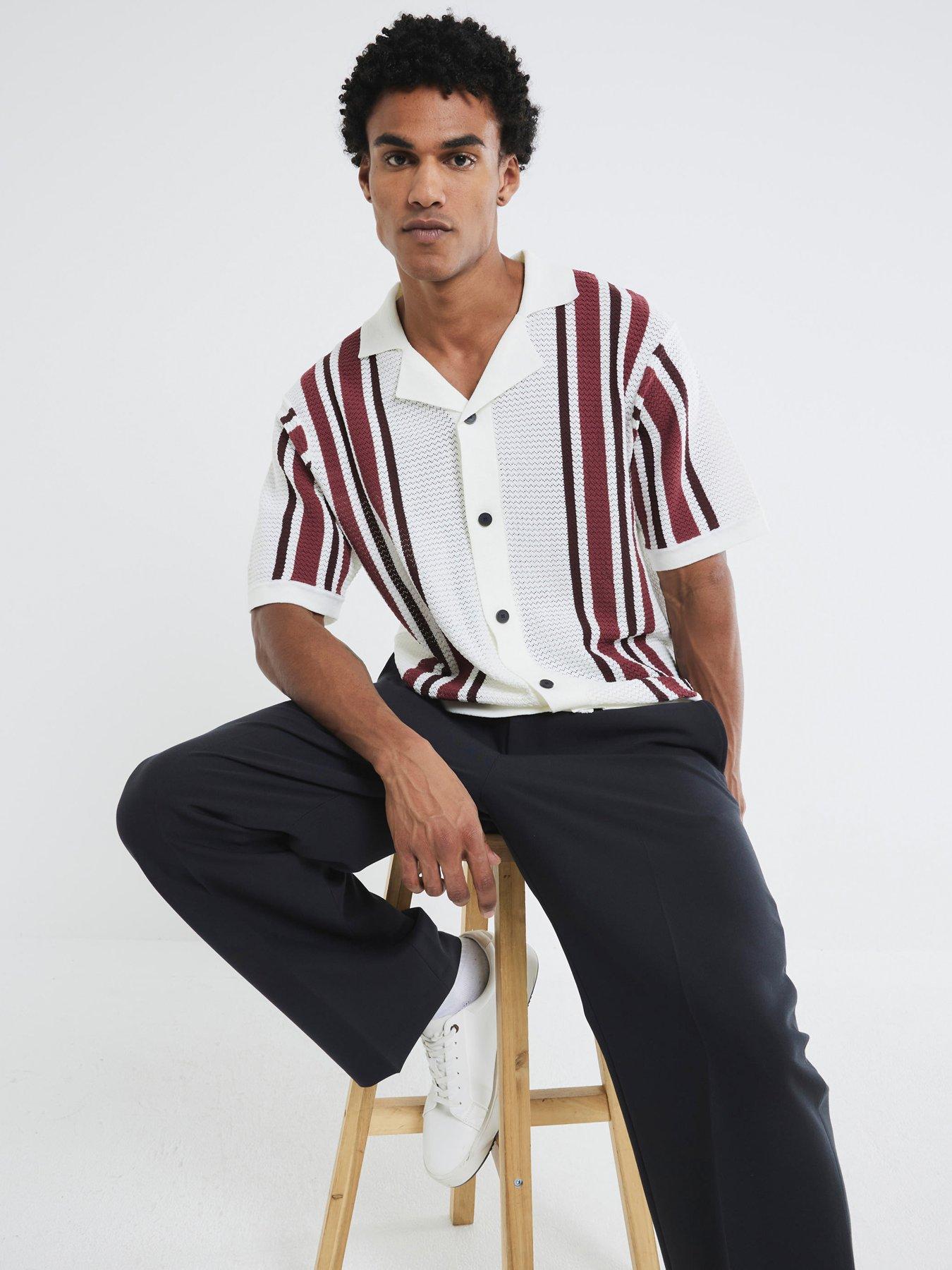 undefined Short Sleeve Textured Knit Stripe Shirt - Ecru