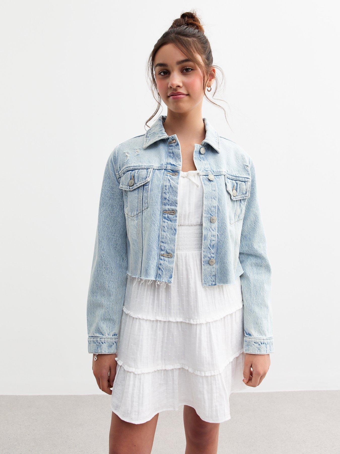 Image 1 of 4 of New Look 915 Girls Bright Blue Cropped Distressed Denim Jacket