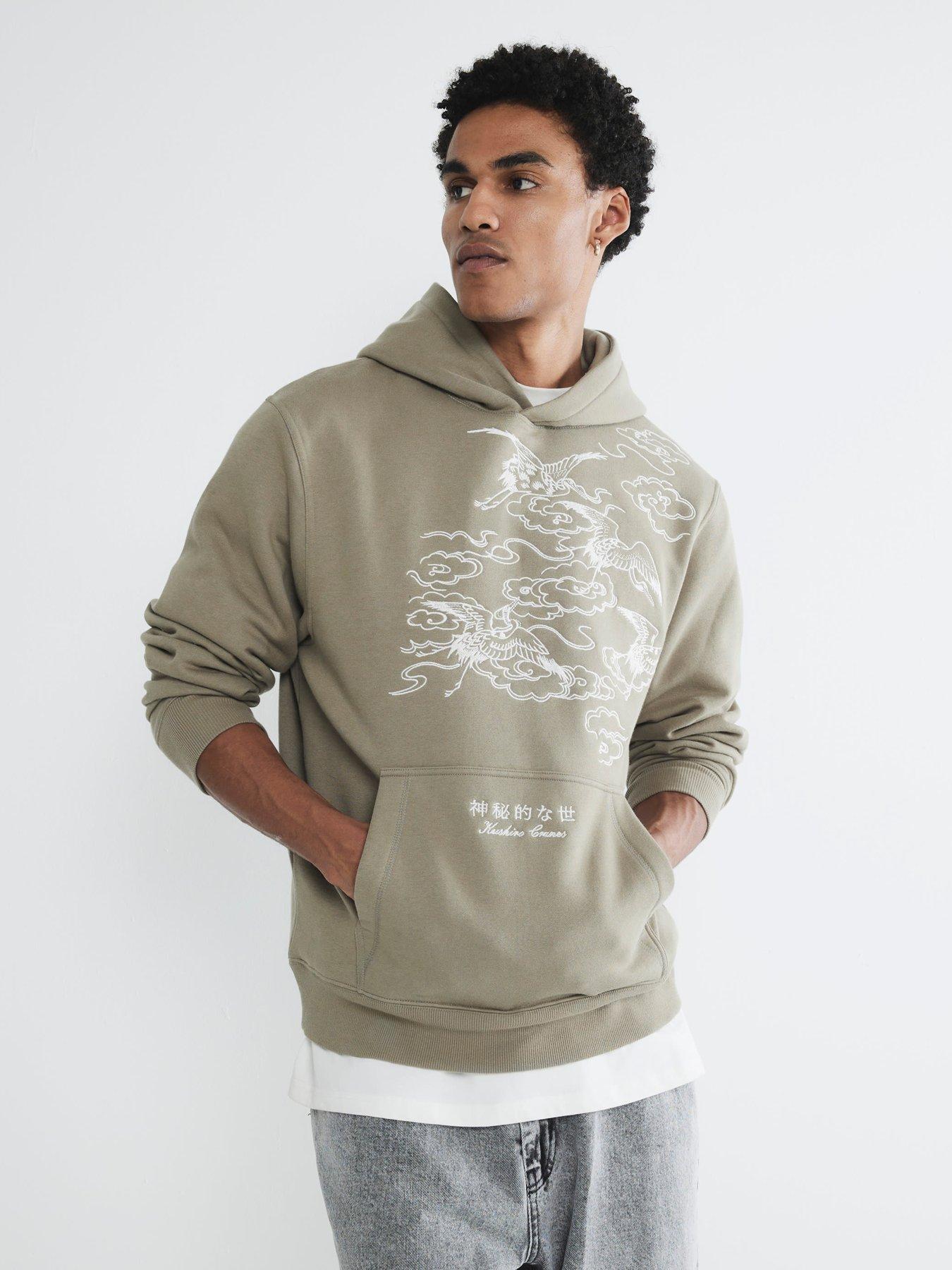 Image of River Island Crane Clouds Embroidered Hoodie - Khaki