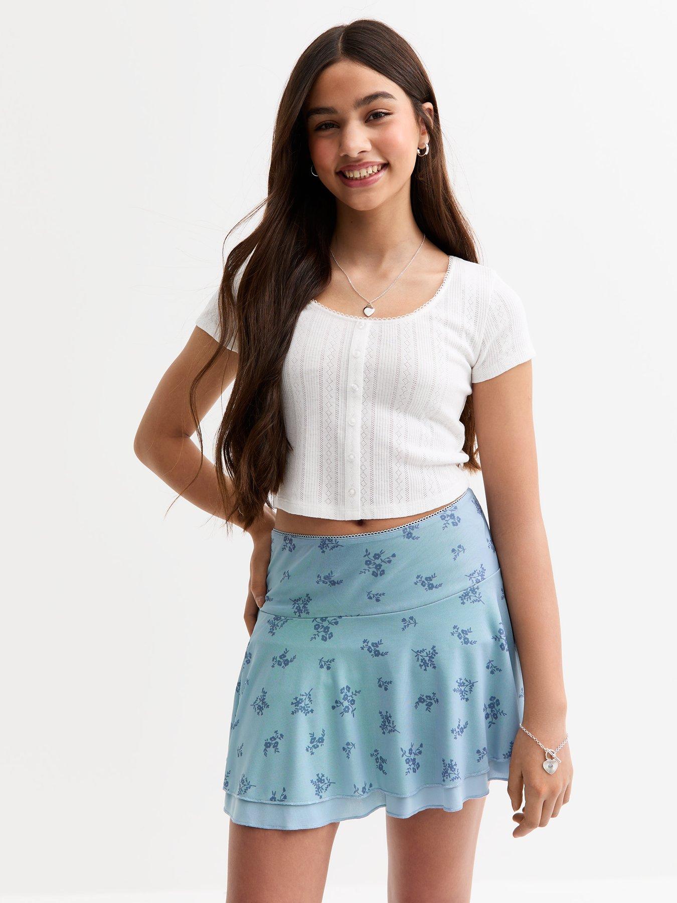 Image of New Look 915 Girls Mesh Floral Print Two Tier Mini Skirt - Blue