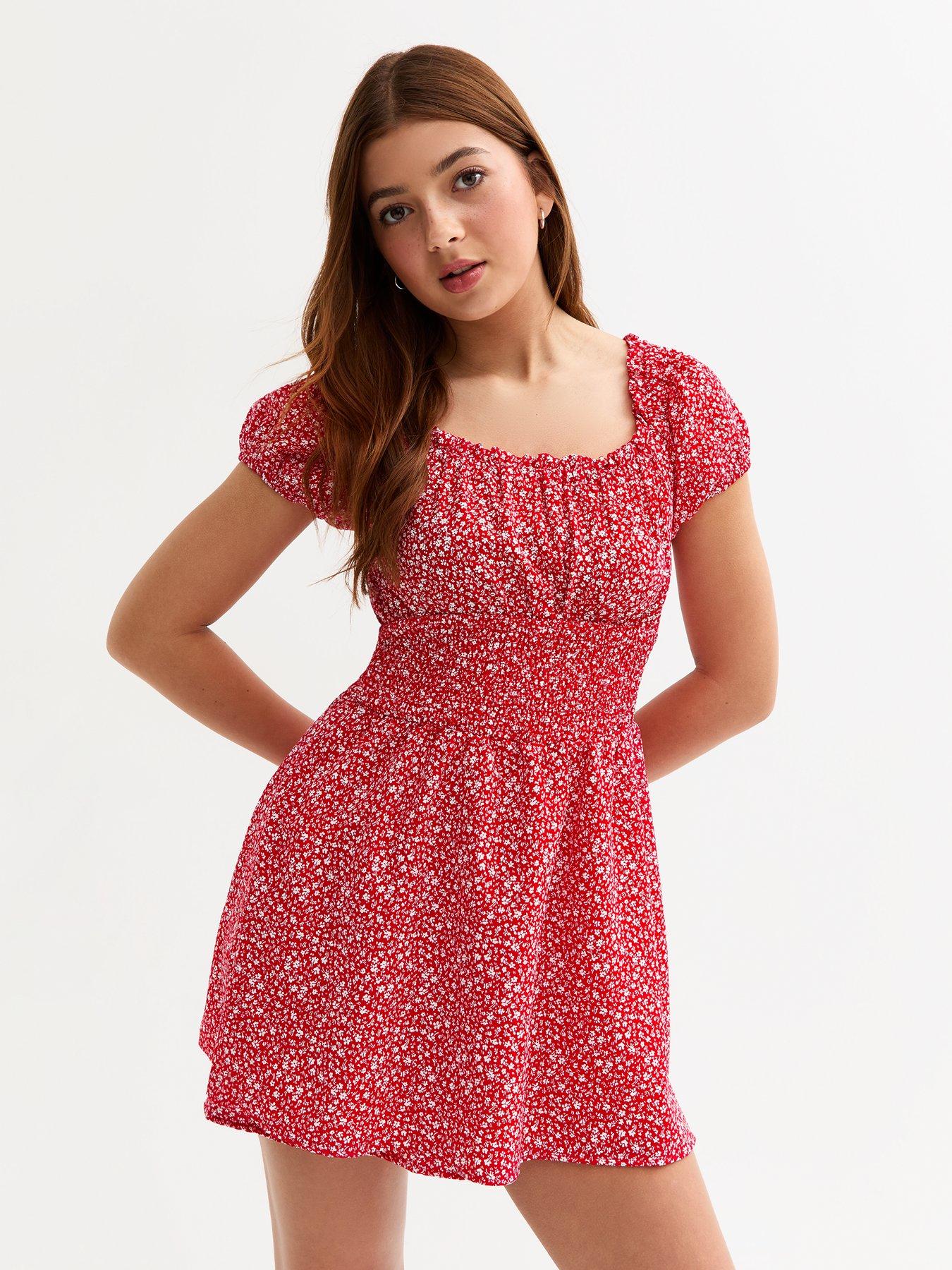 new-look-915-girls-red-ditsy-print-puff-sleeve-skort-dress