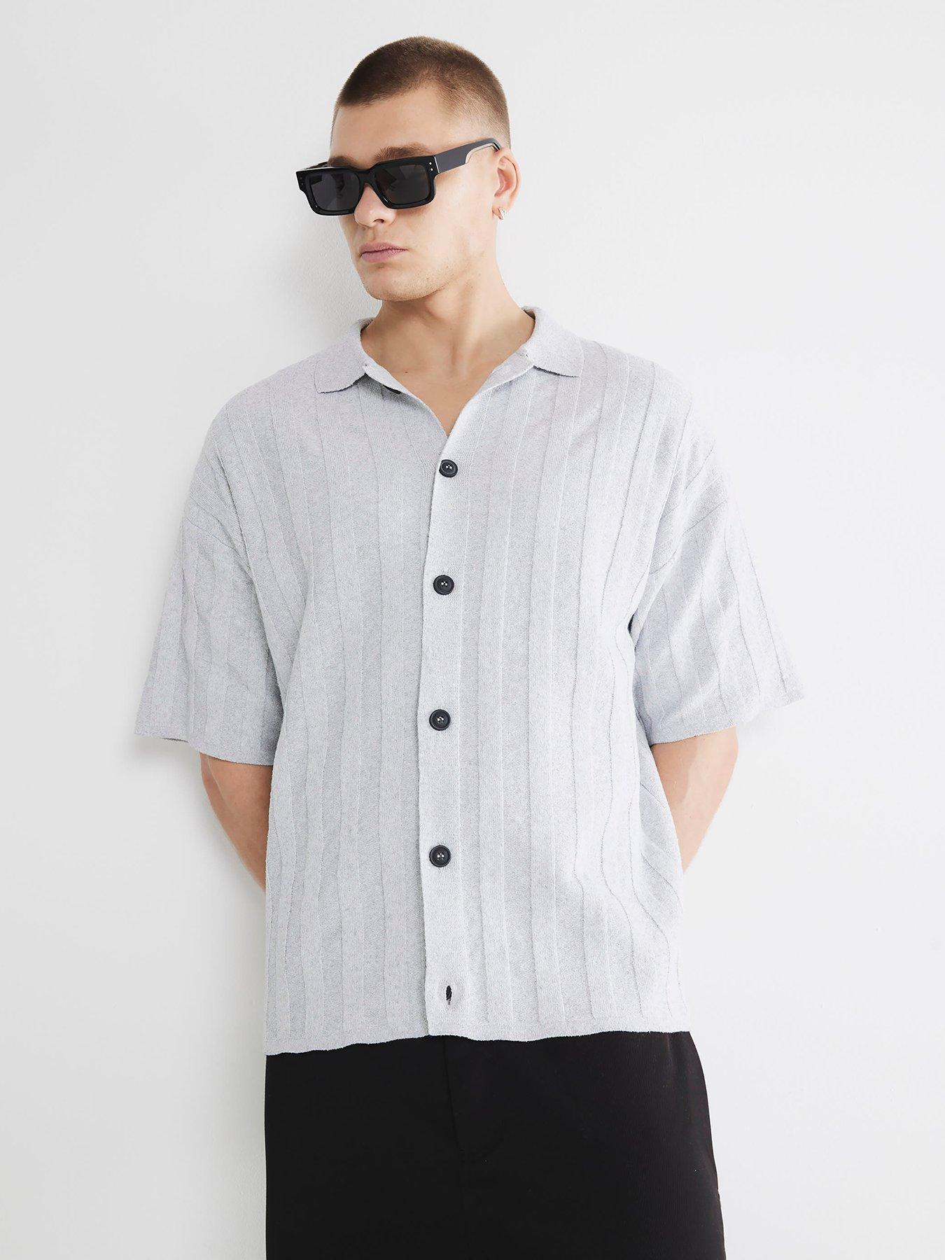 Image 1 of 5 of River Island Short Sleeve Ribbed Boucle Shirt - Grey