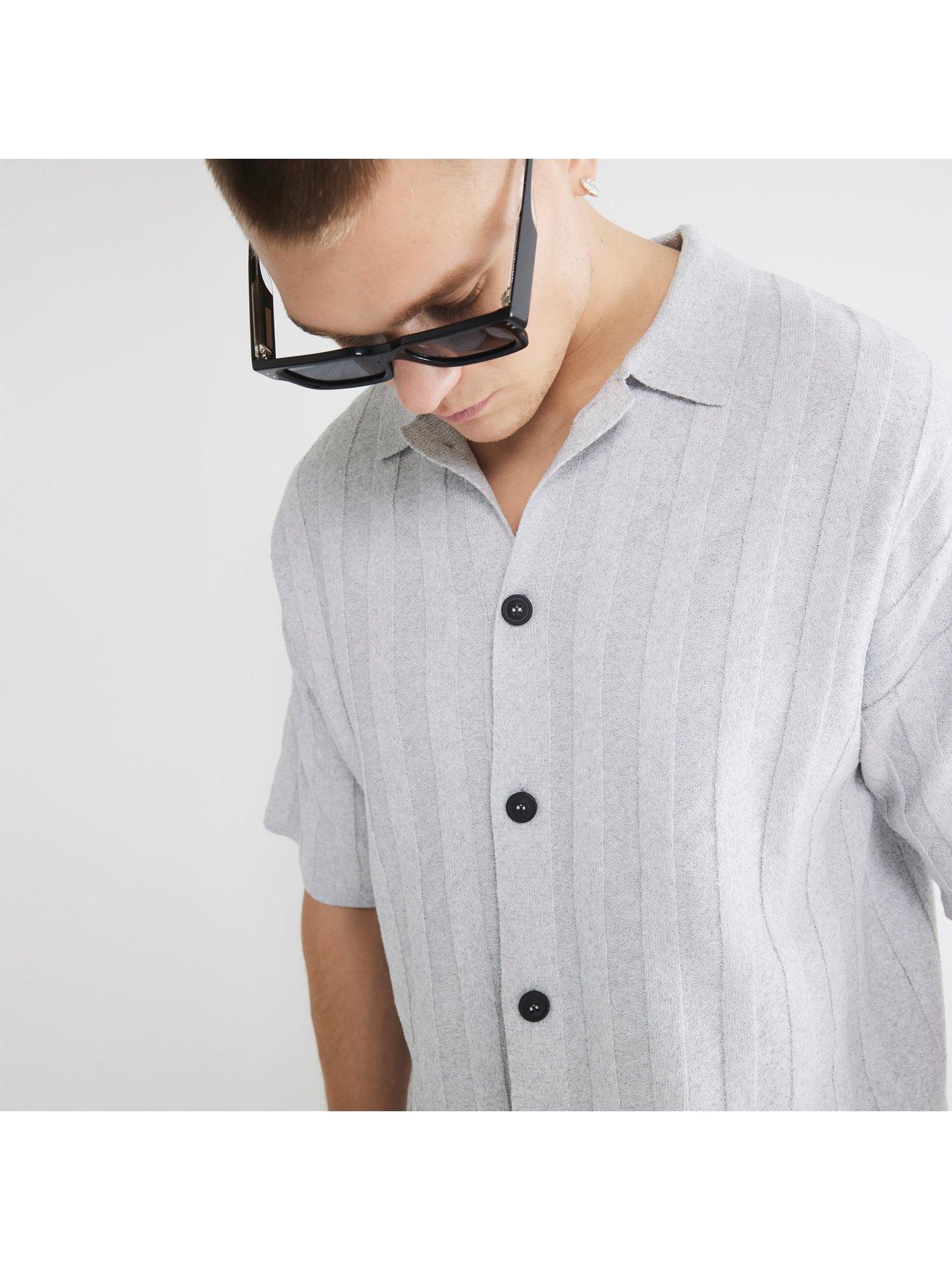 Image 2 of 5 of River Island Short Sleeve Ribbed Boucle Shirt - Grey