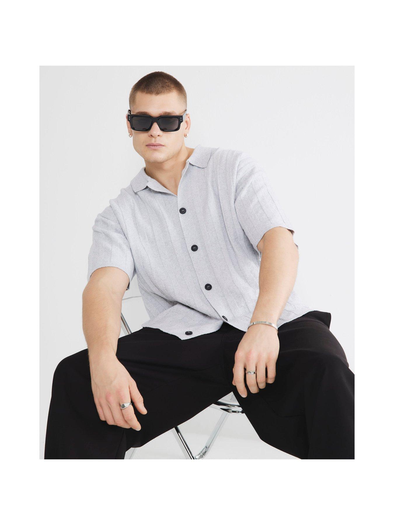 Image 4 of 5 of River Island Short Sleeve Ribbed Boucle Shirt - Grey
