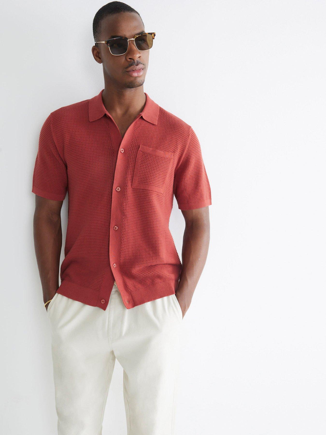 undefined Short Sleeve Pointelle Crochet Shirt - Red
