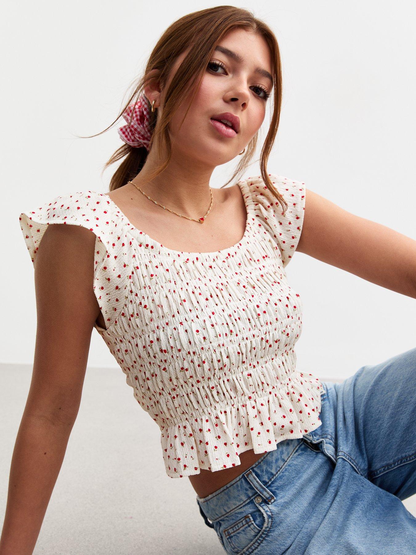 Image 4 of 4 of New Look 915 Girls Ditsy Print Shirred Front Top - White