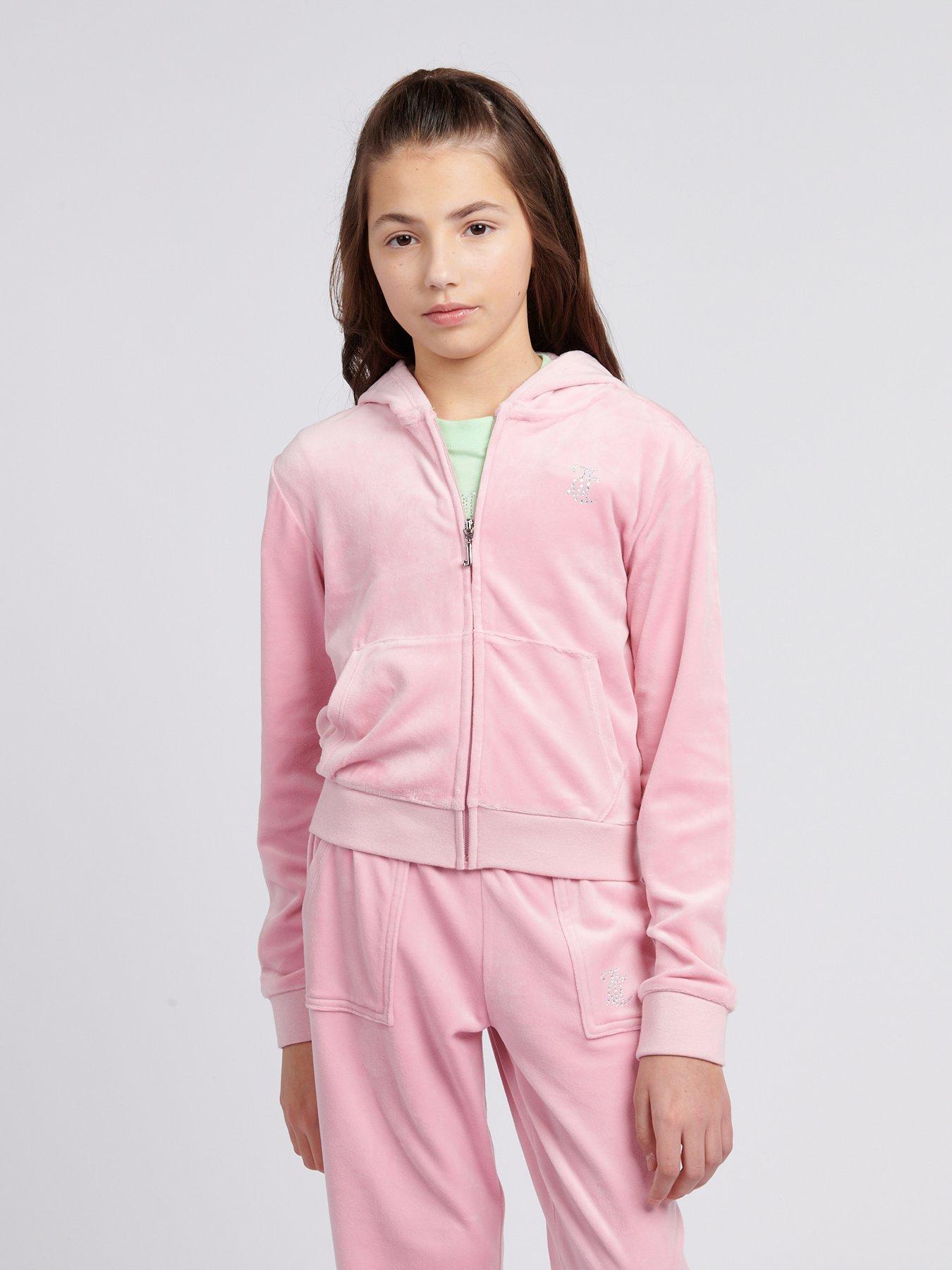 Juicy Couture Girls Mini Diamante Velour Zip Through Hoodie - Light Pink