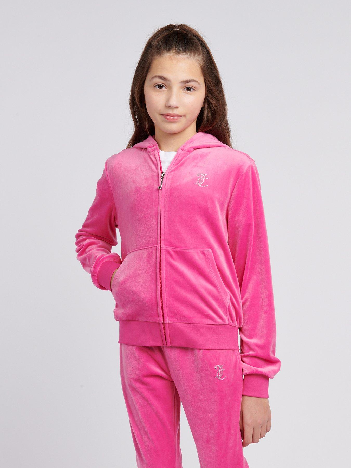 Juicy Couture Girls Diamante Velour Zip Through Hoodie - Dark Pink